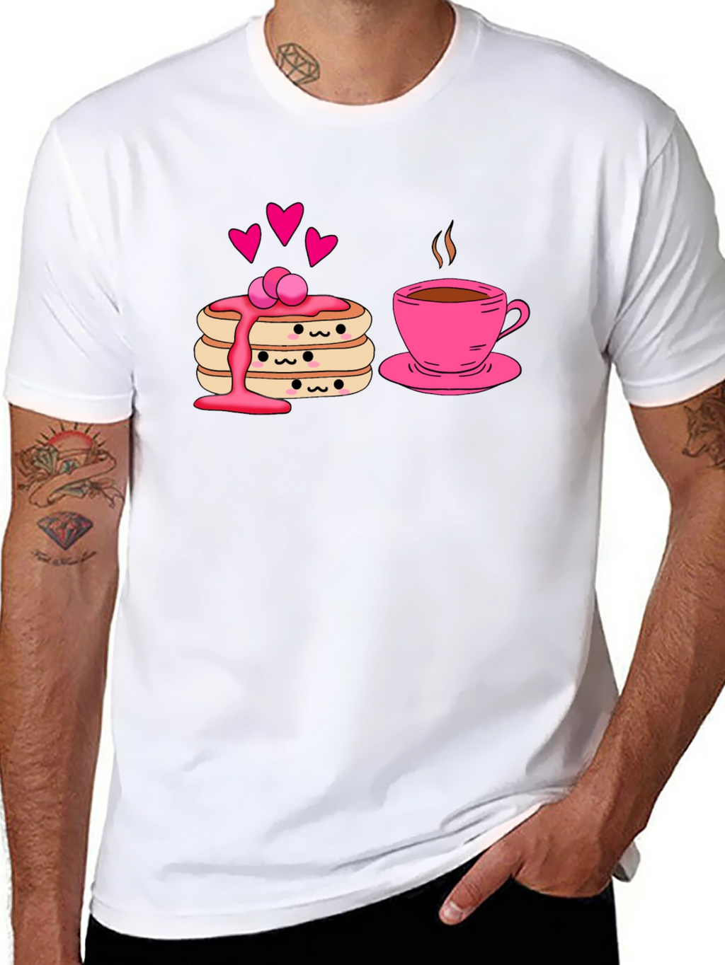 Cute Pancake & Coffee Graphic Black T-Shirt