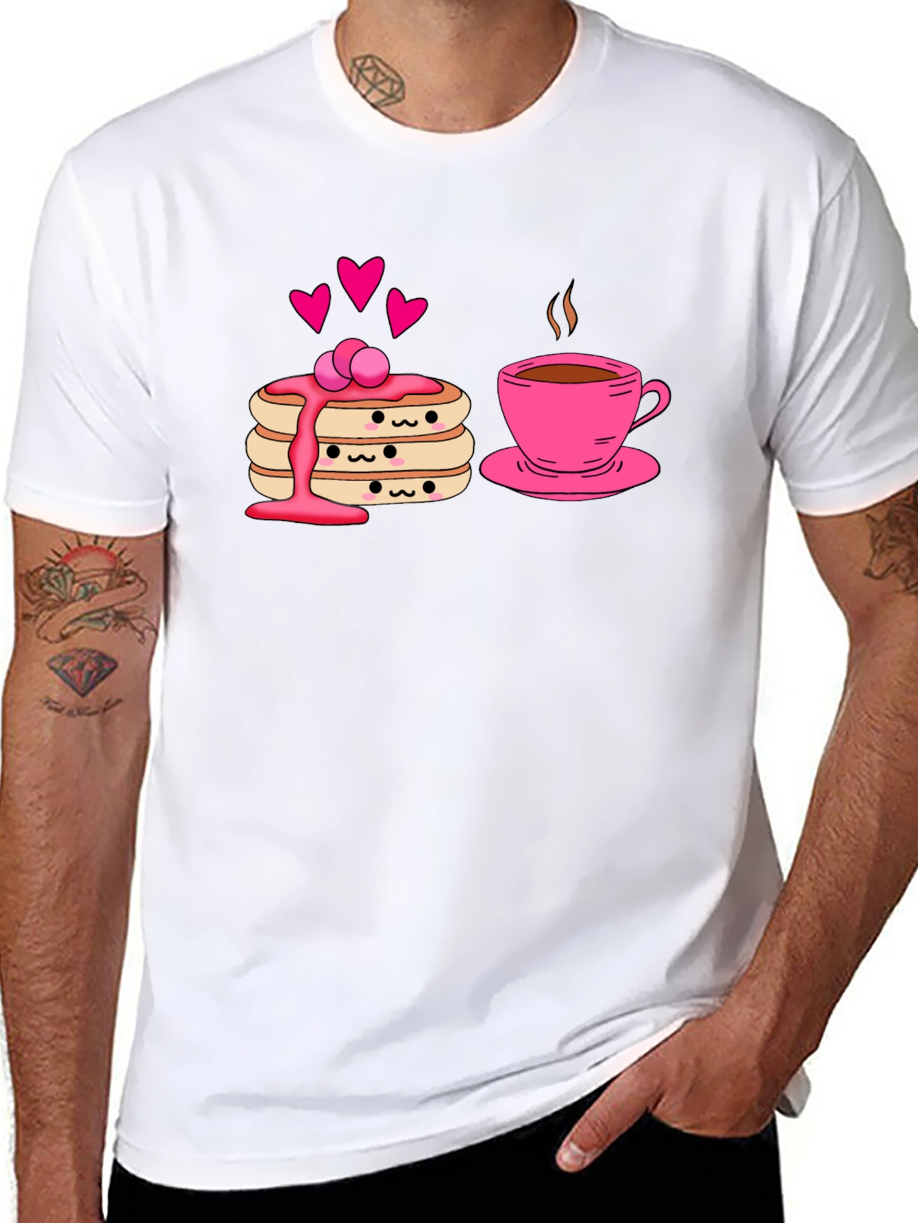 Cute Pancake & Coffee Graphic Black T-Shirt
