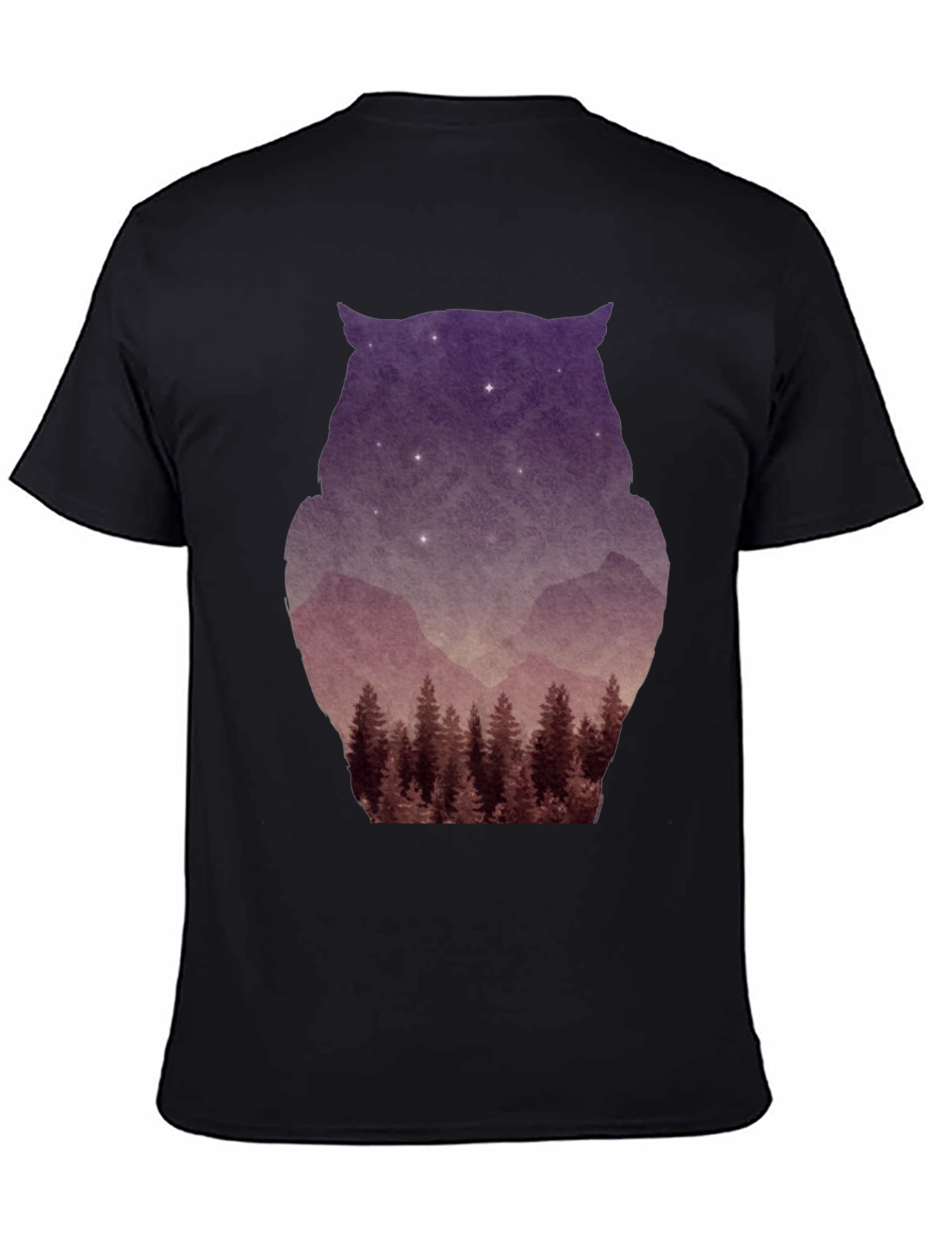Owl Silhouette Mountain Forest T-Shirt - Black