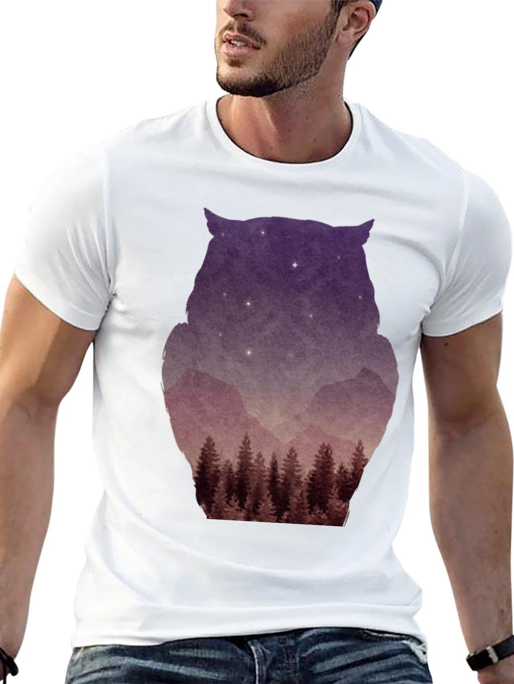 Owl Silhouette Mountain Forest T-Shirt - Black