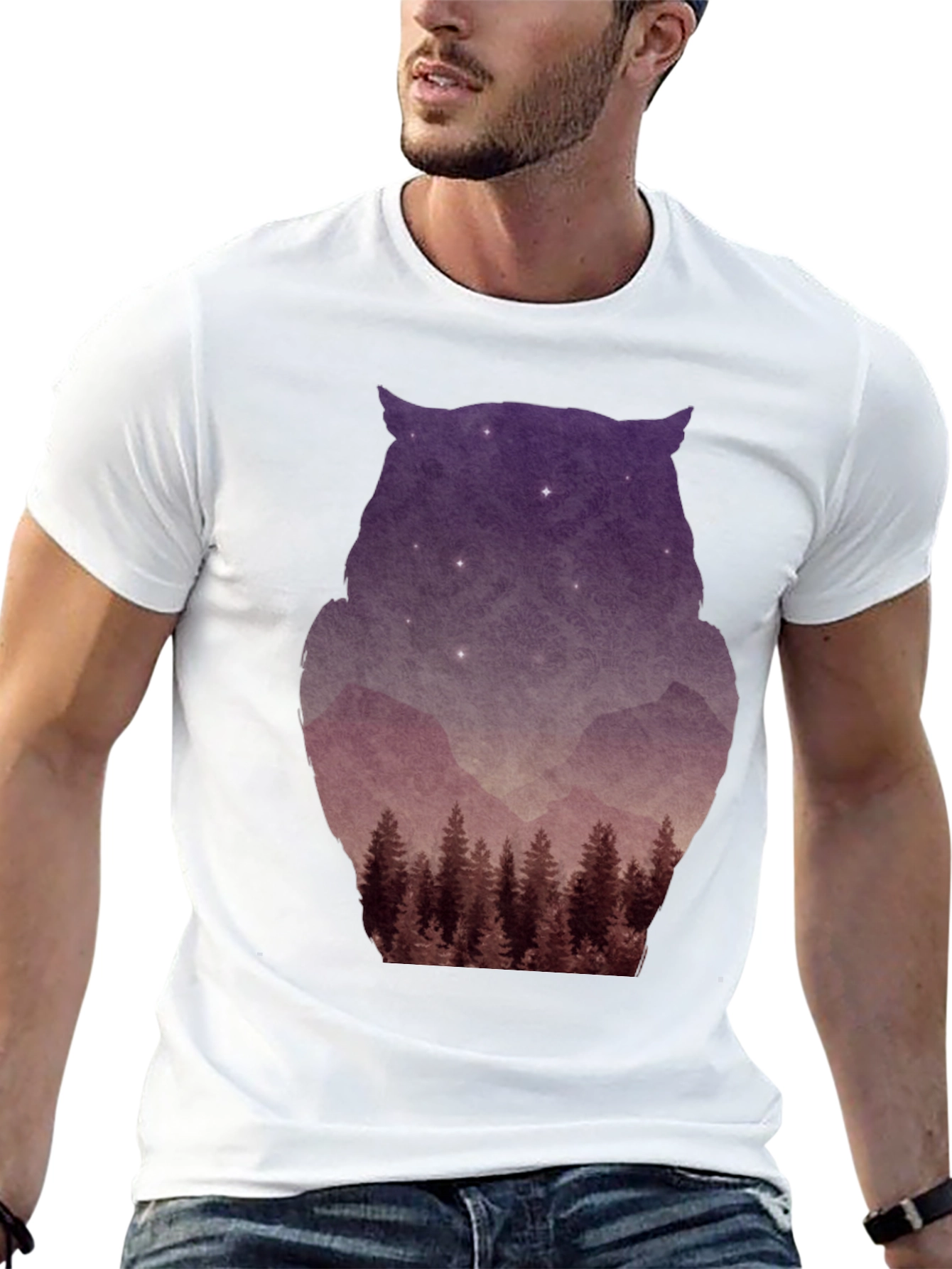 Owl Silhouette Mountain Forest T-Shirt - Black