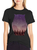 Owl Silhouette Mountain Forest T-Shirt - Black