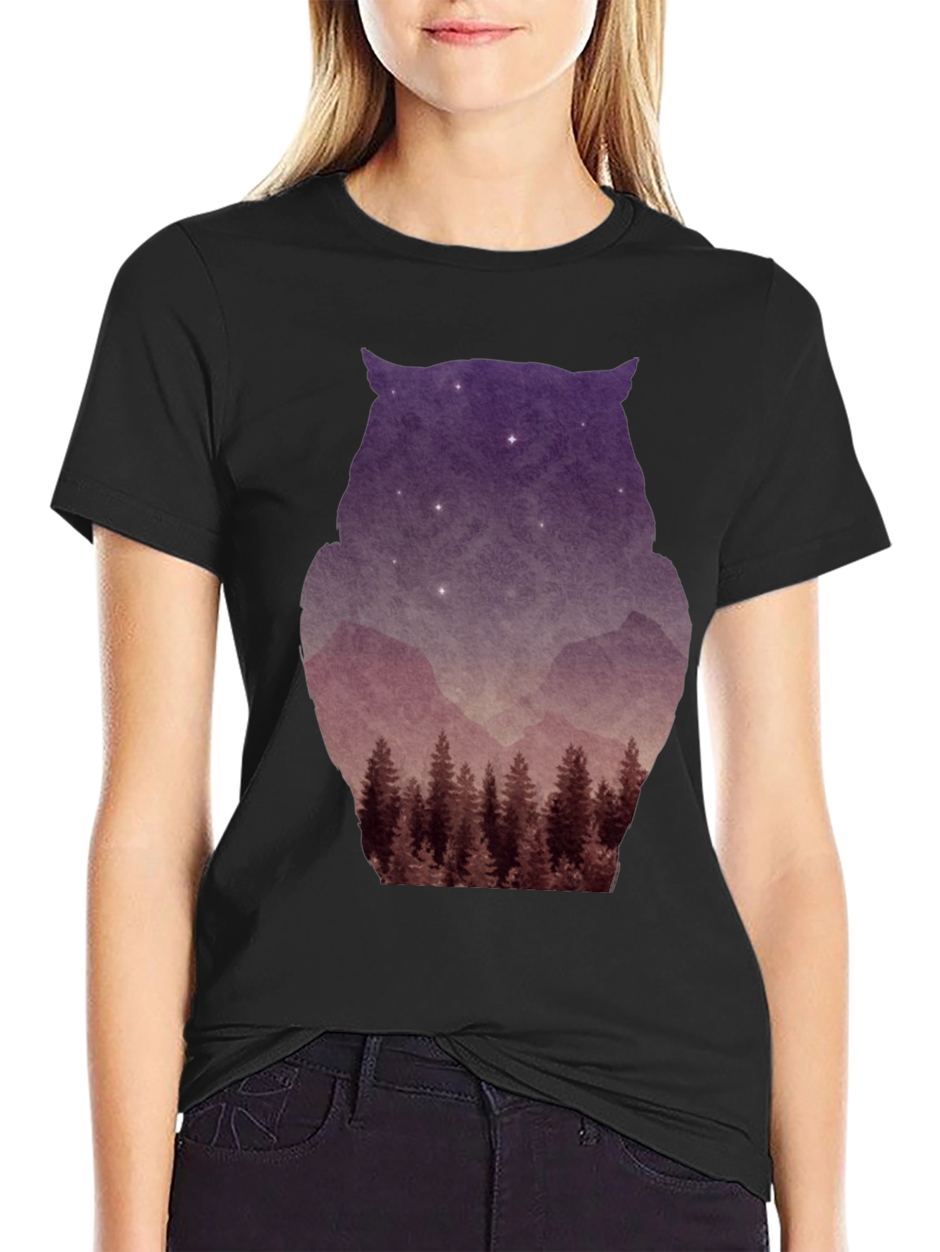 Owl Silhouette Mountain Forest T-Shirt - Black