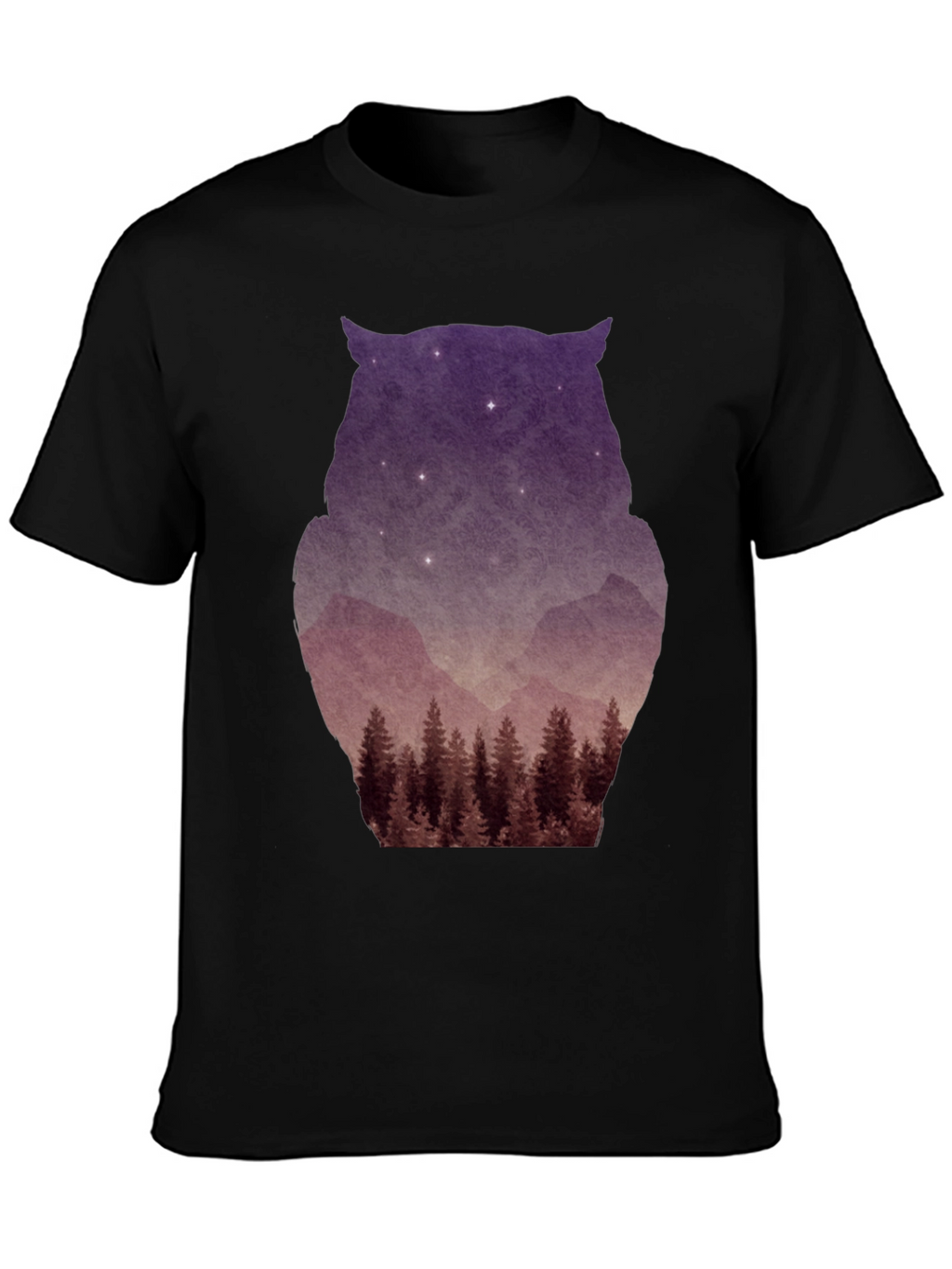 Owl Silhouette Mountain Forest T-Shirt - Black