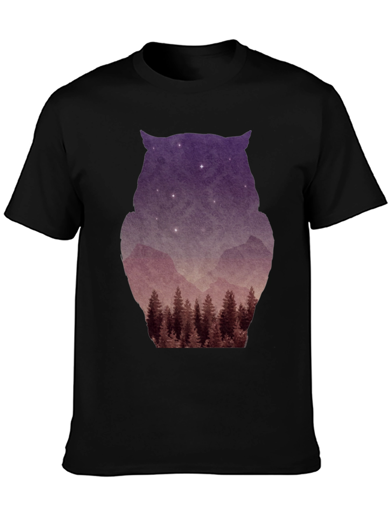 Owl Silhouette Mountain Forest T-Shirt - Black