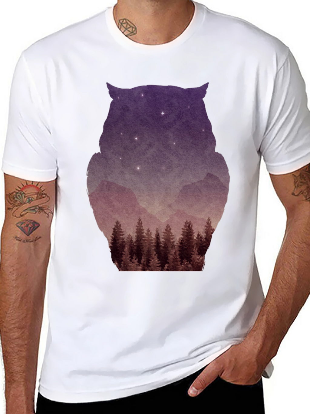 Owl Silhouette Mountain Forest T-Shirt - Black