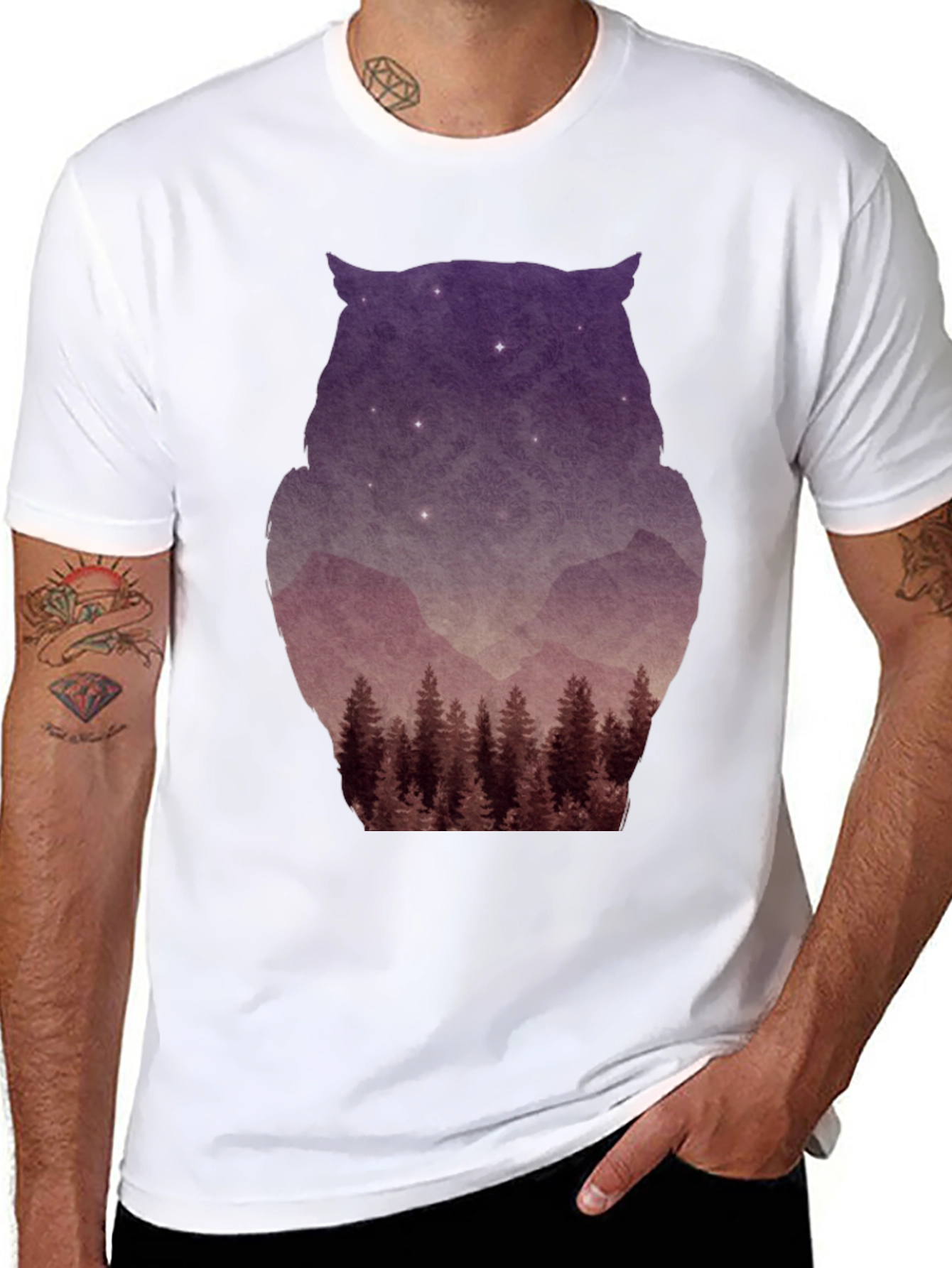 Owl Silhouette Mountain Forest T-Shirt - Black