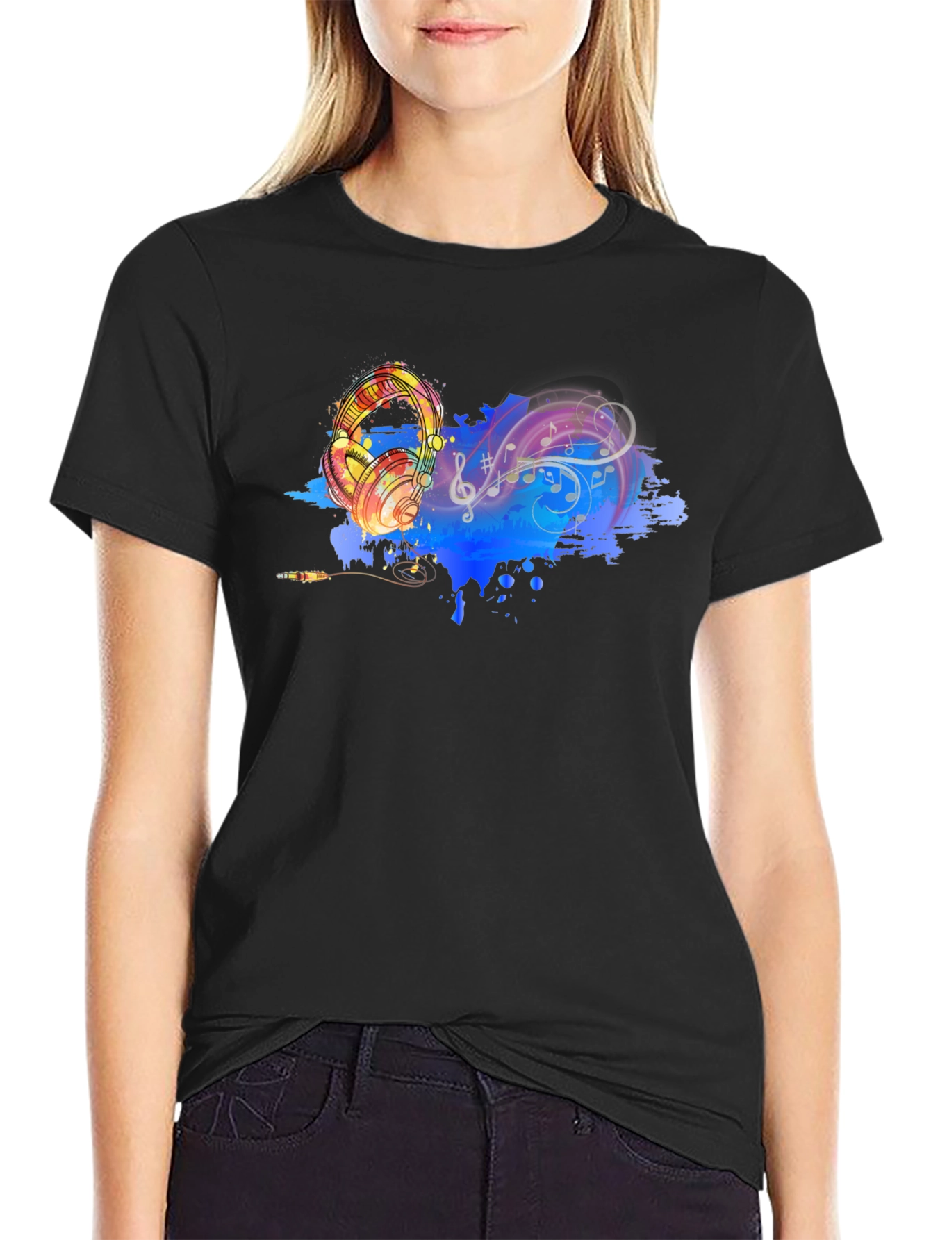 Music Lovers Graphic Tee - Headphones & Notes Design
