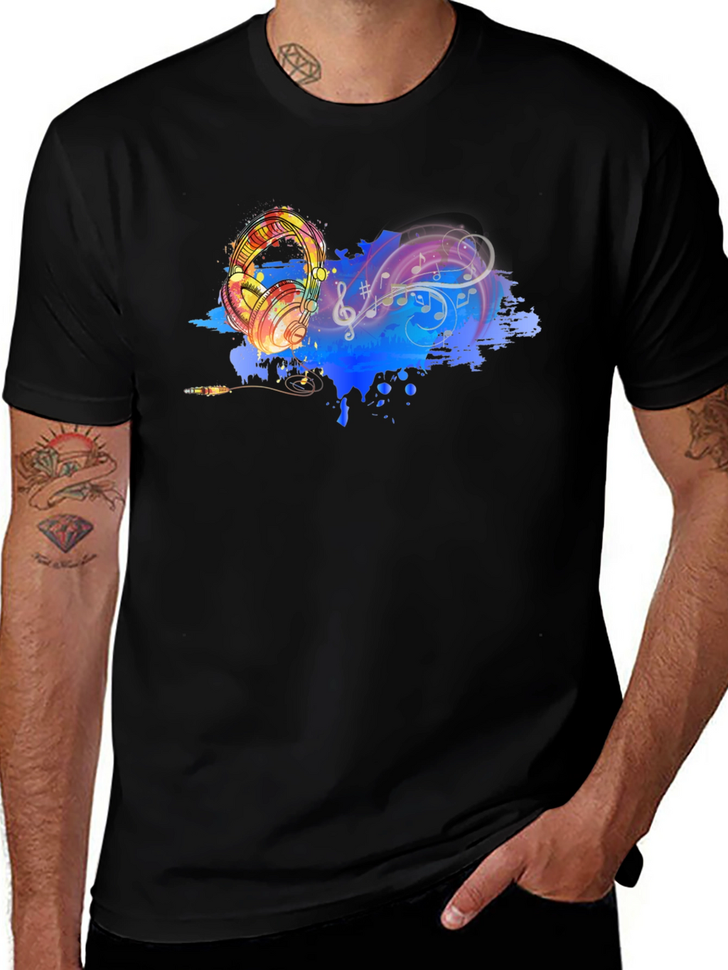 Music Lovers Graphic Tee - Headphones & Notes Design