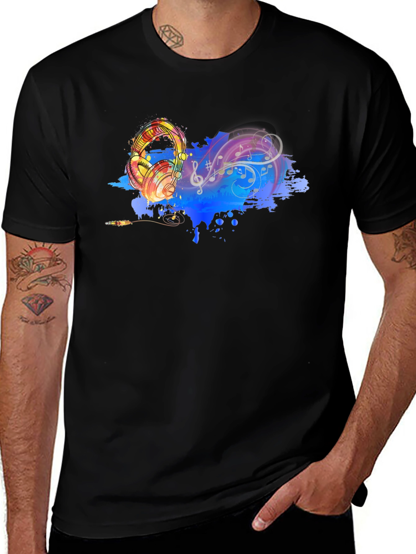 Music Lovers Graphic Tee - Headphones & Notes Design