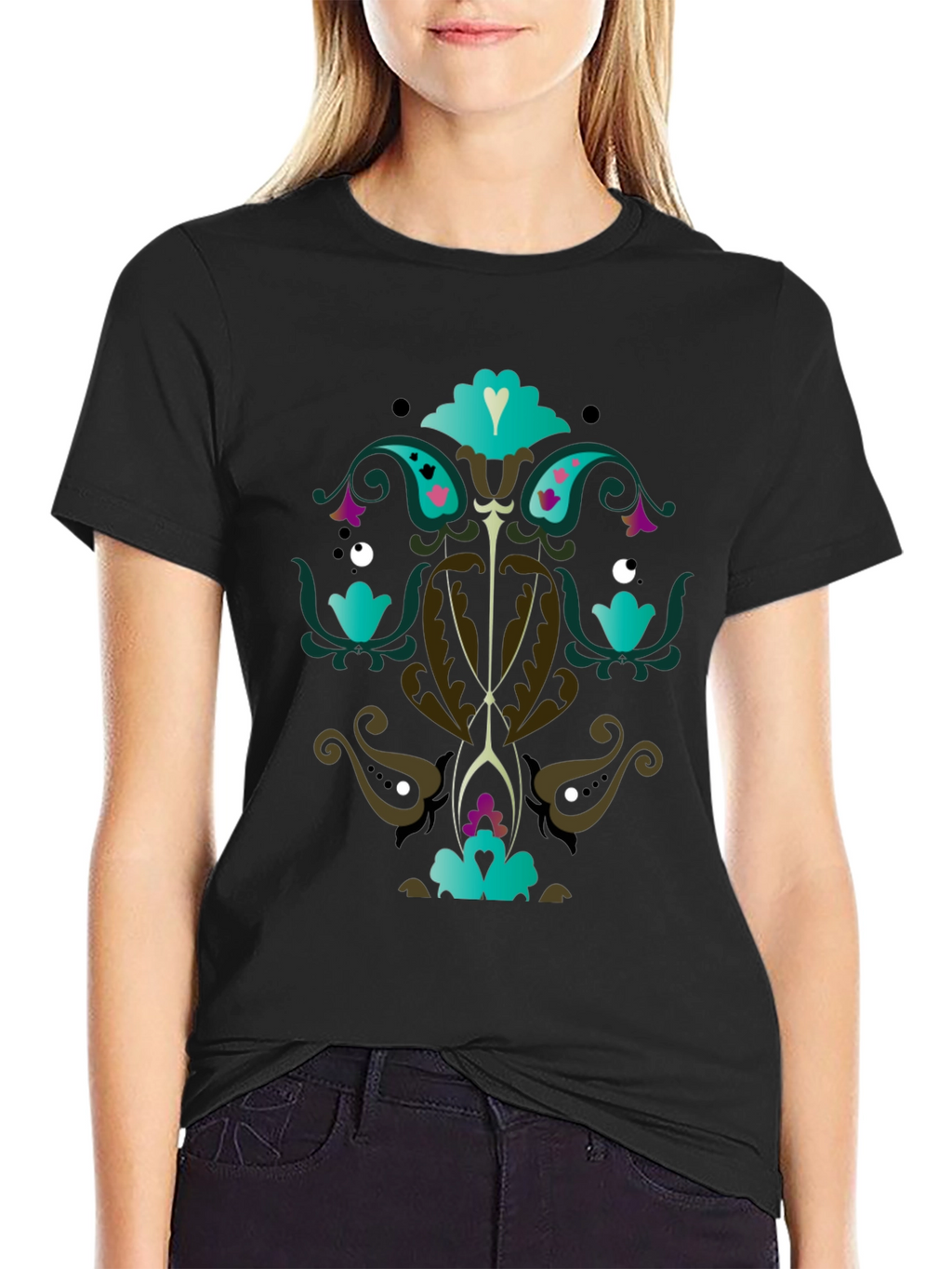 Ornate Floral Graphic Print Black T-Shirt