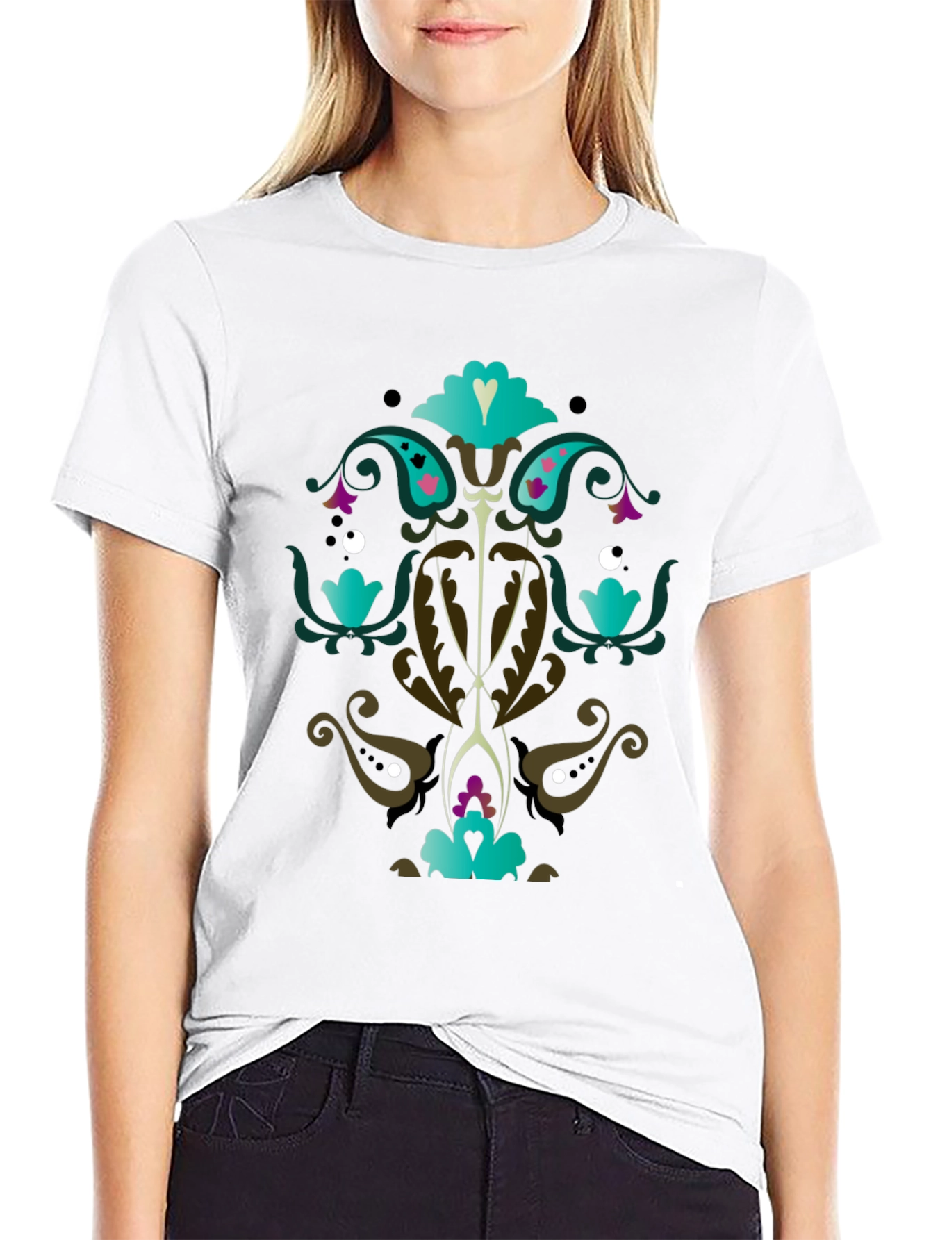Ornate Floral Graphic Print Black T-Shirt