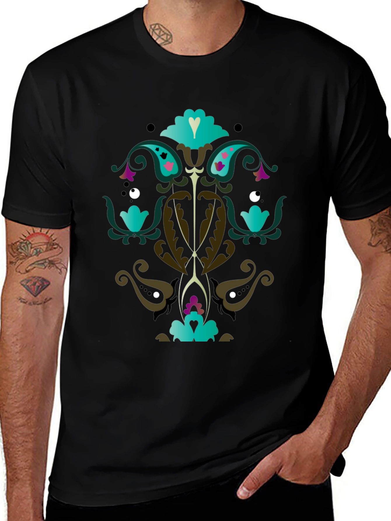 Ornate Floral Graphic Print Black T-Shirt