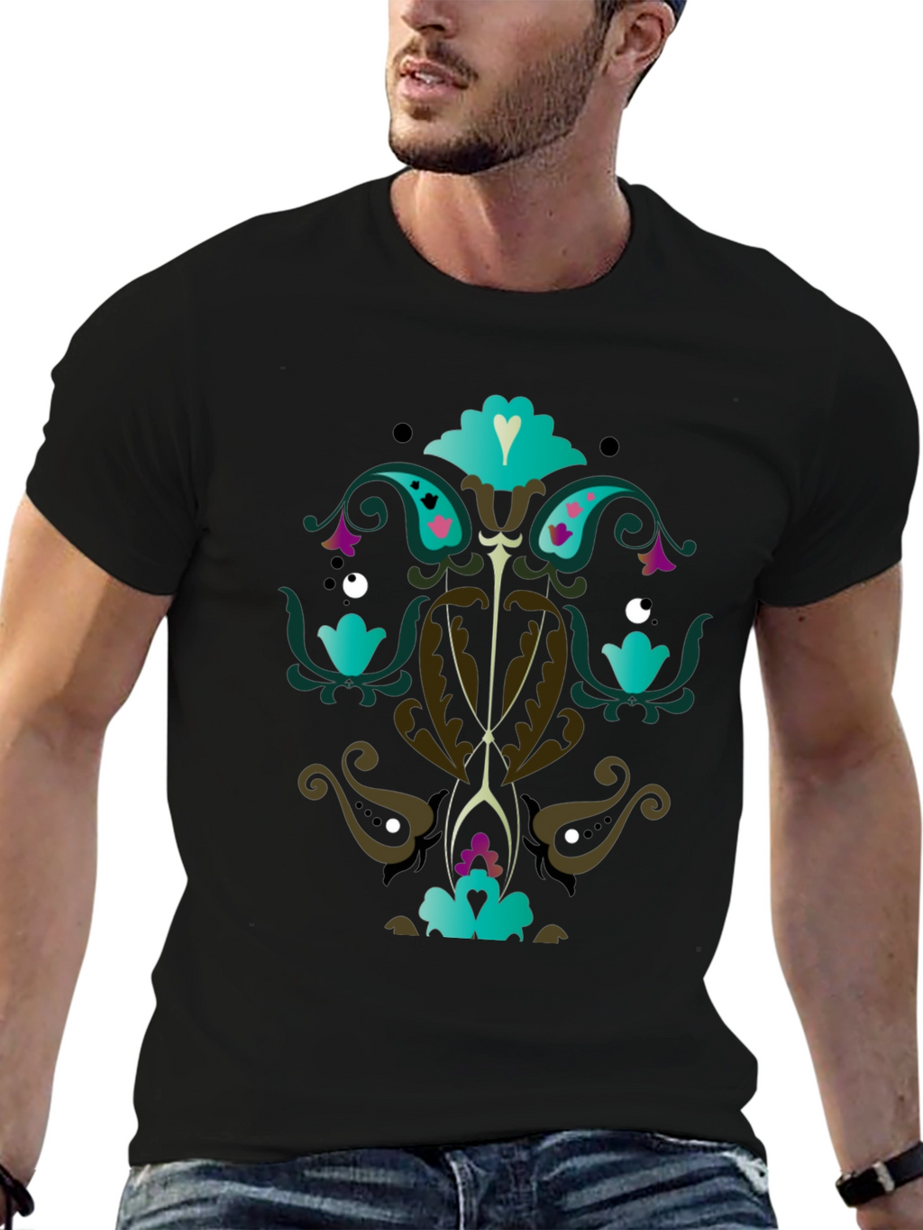 Ornate Floral Graphic Print Black T-Shirt