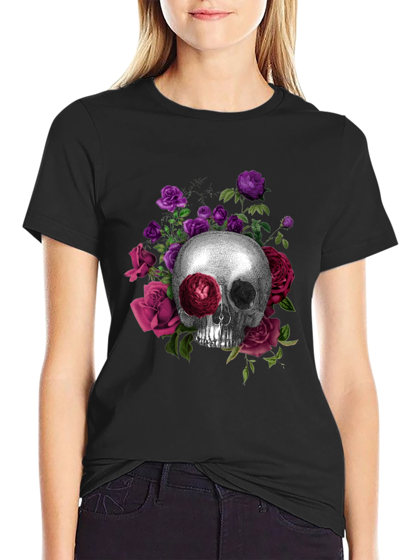 Skull and Roses Graphic Tee - Black