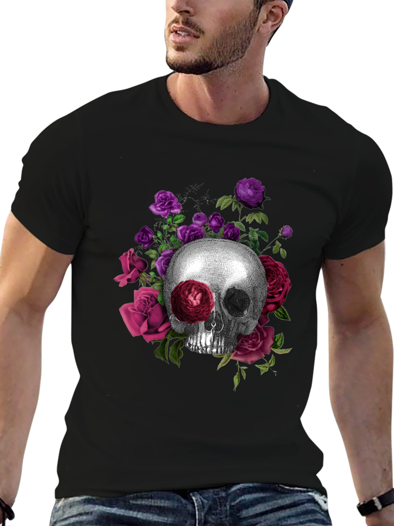 Skull and Roses Graphic Tee - Black