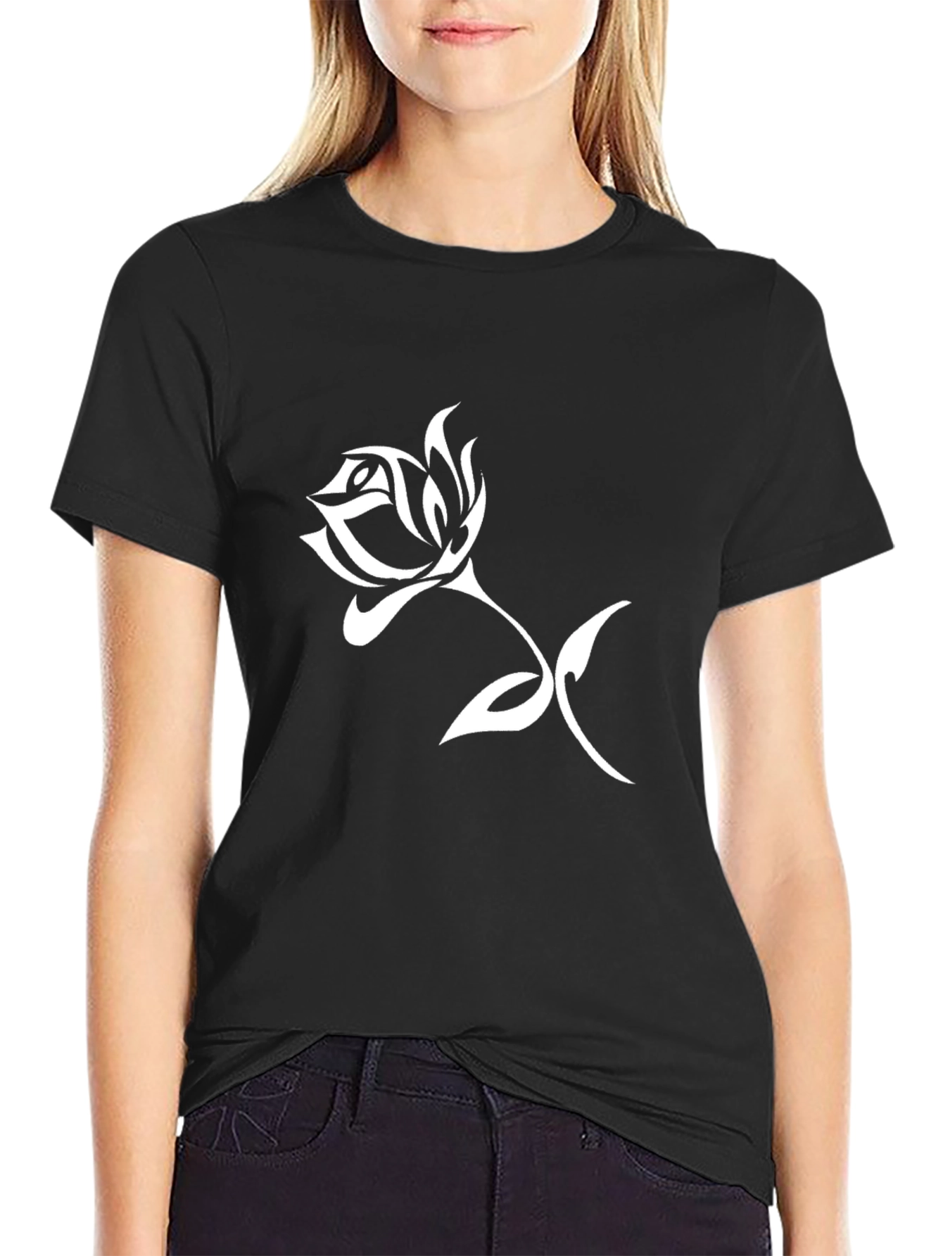 Black T-Shirt with Rose Graphic
