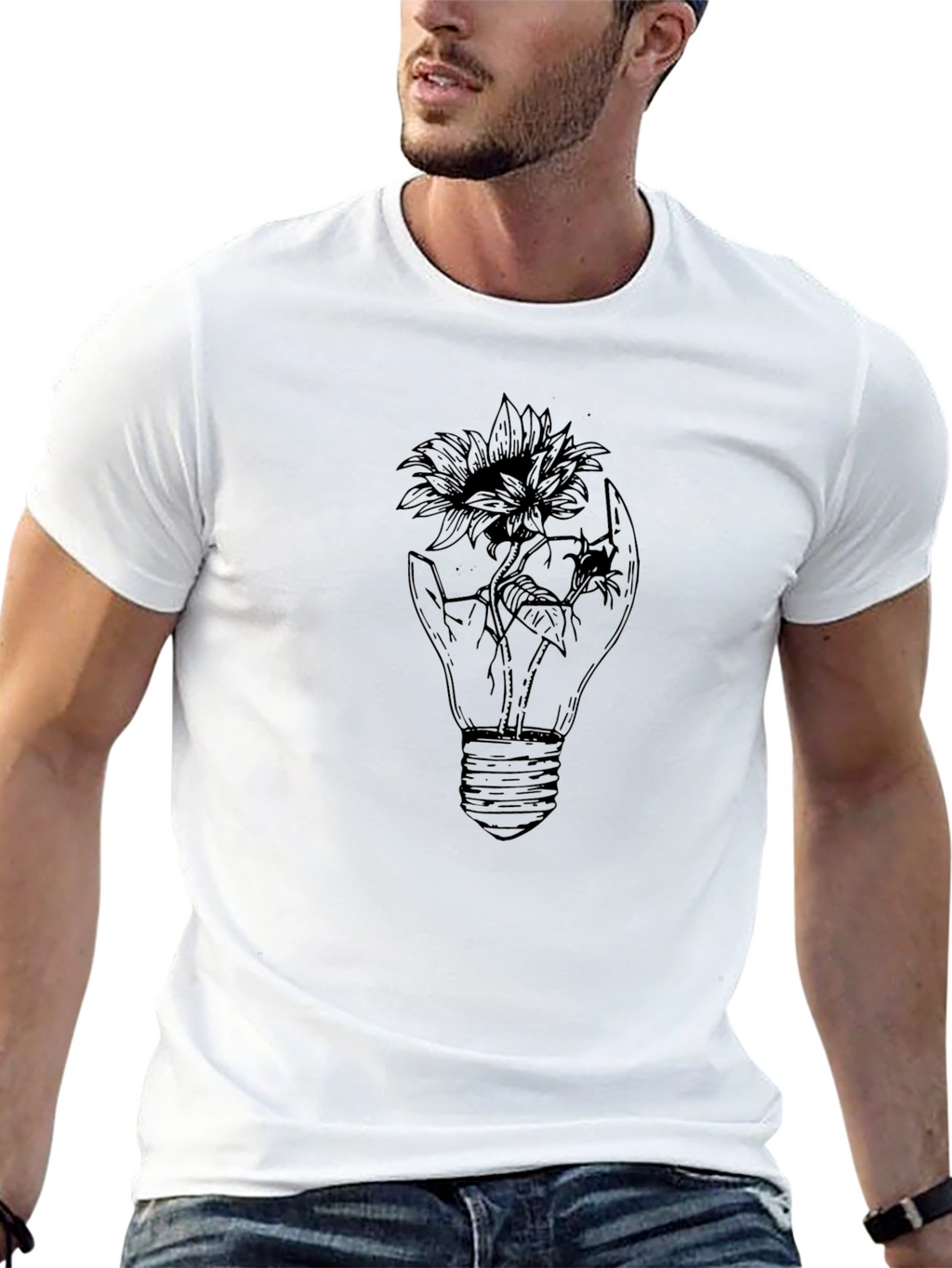 Mens Black Graphic Tee - Light Bulb Flower Design