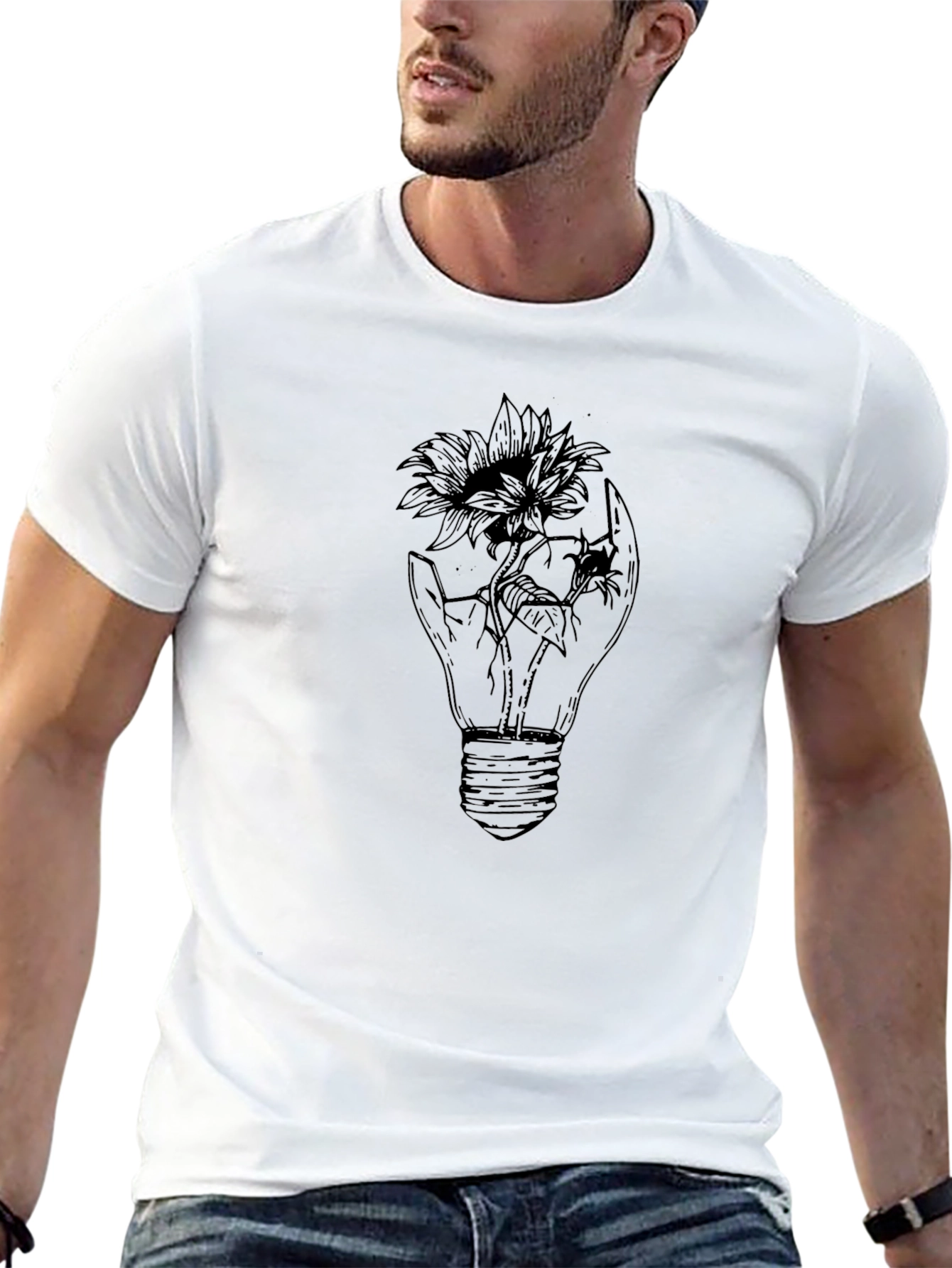 Mens Black Graphic Tee - Light Bulb Flower Design