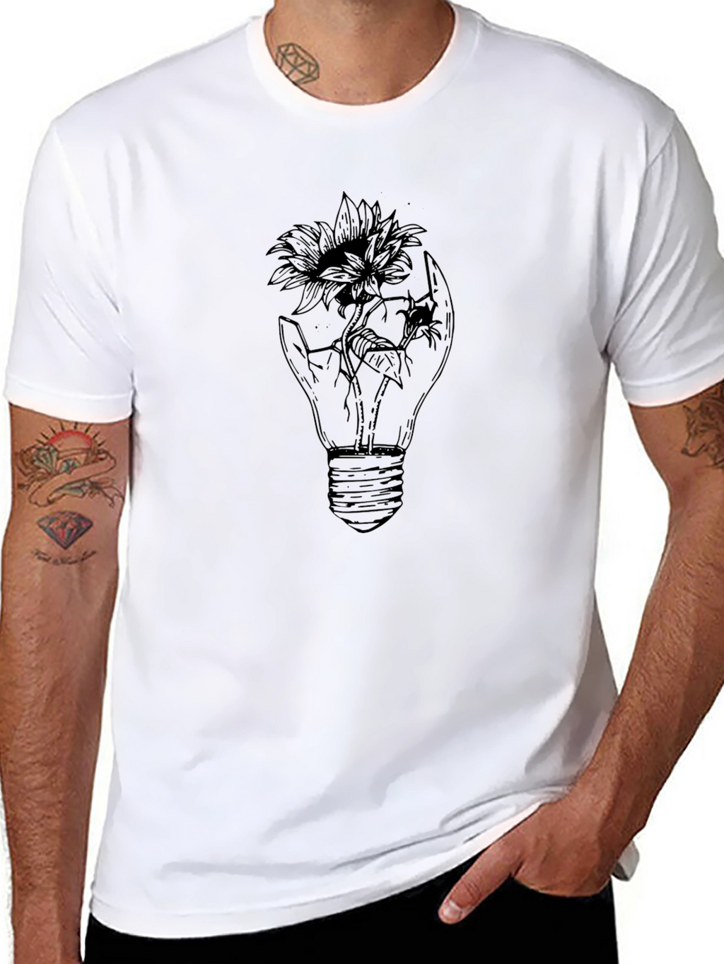 Mens Black Graphic Tee - Light Bulb Flower Design