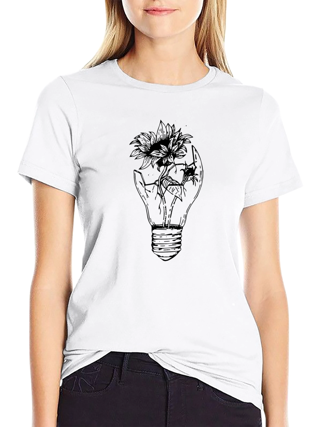 Mens Black Graphic Tee - Light Bulb Flower Design