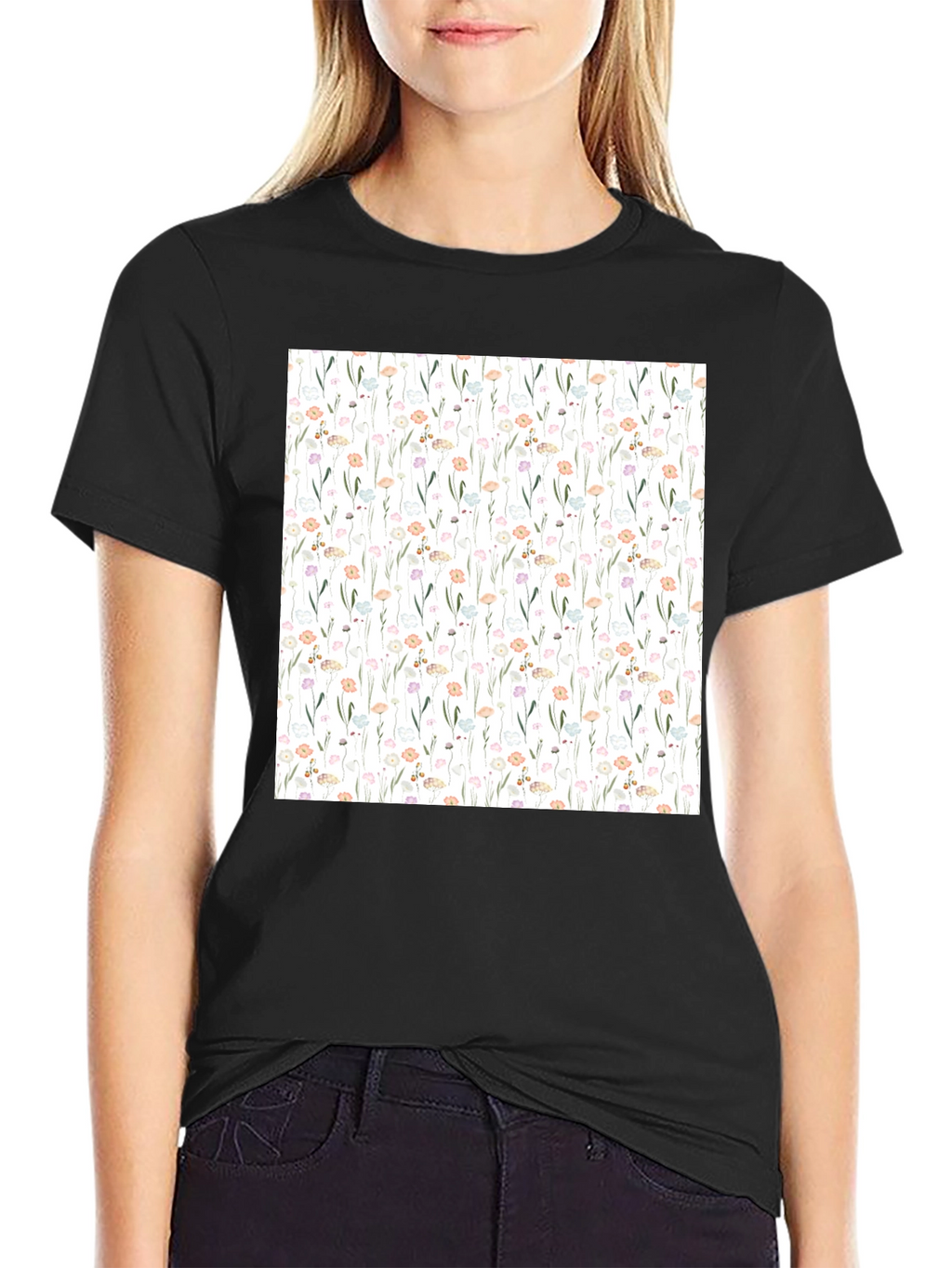 Floral Pattern Black T-Shirt
