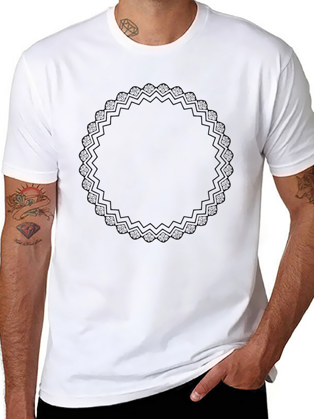 Elegant Black Graphic Tee with Ornamental Circle Design