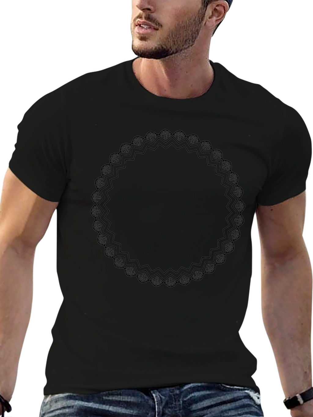 Elegant Black Graphic Tee with Ornamental Circle Design