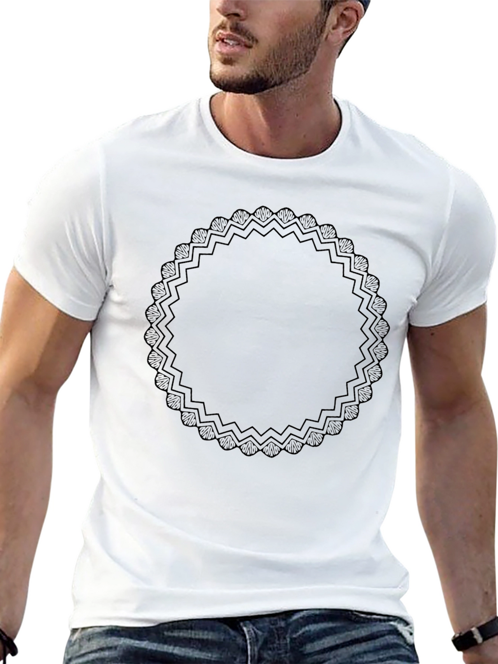 Elegant Black Graphic Tee with Ornamental Circle Design