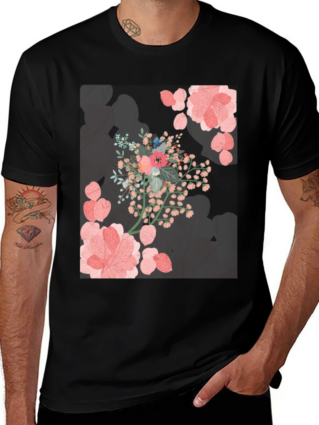 Floral Print Black Casual T-Shirt