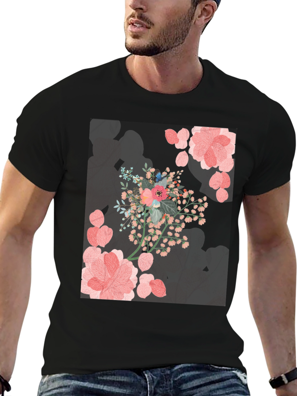 Floral Print Black Casual T-Shirt