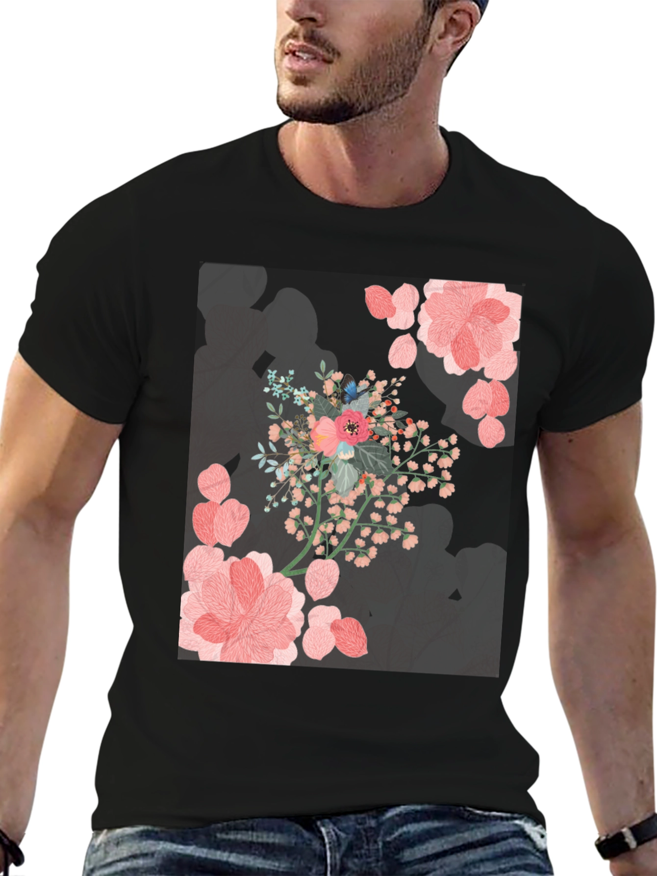 Floral Print Black Casual T-Shirt