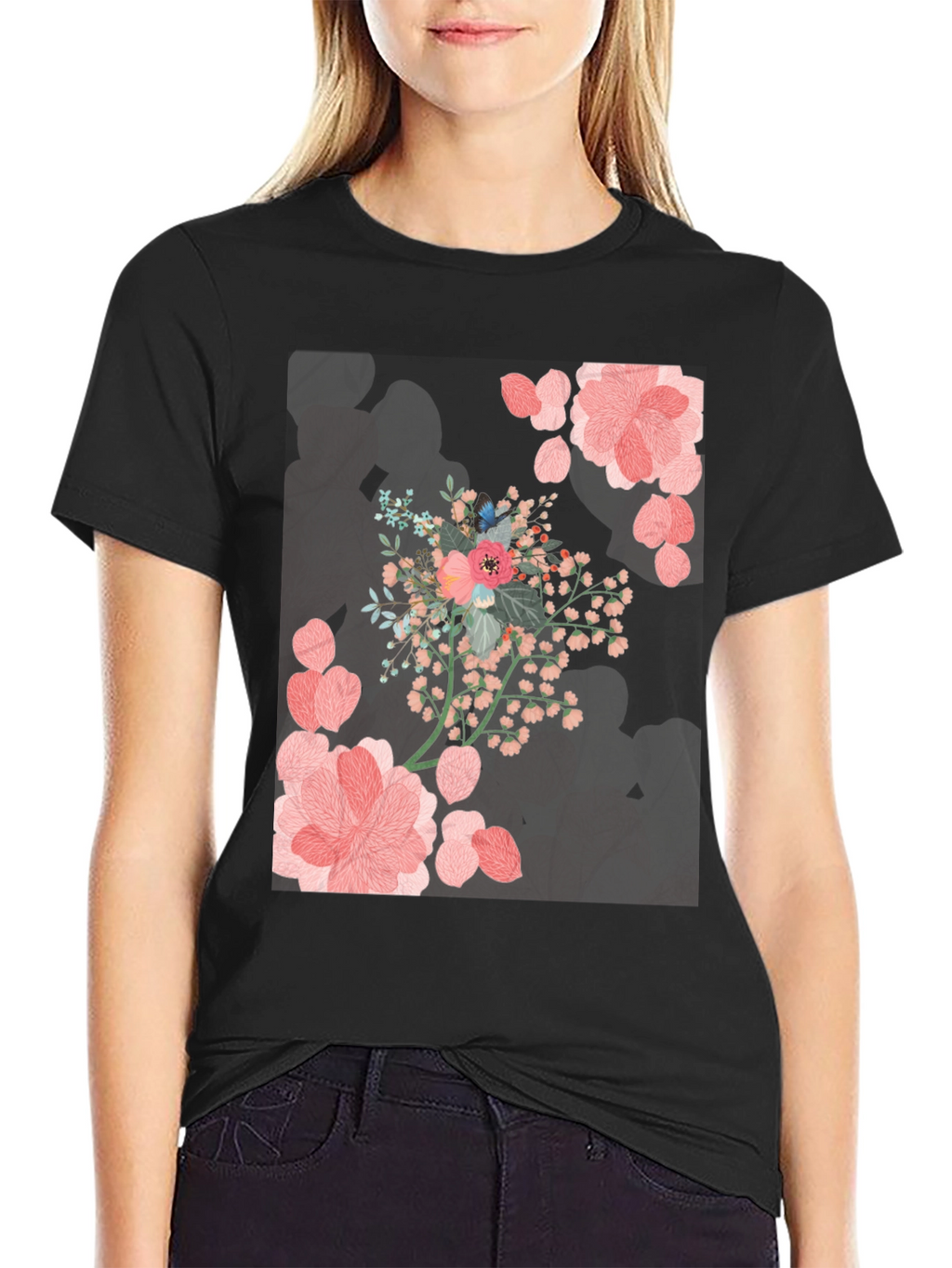 Floral Print Black Casual T-Shirt