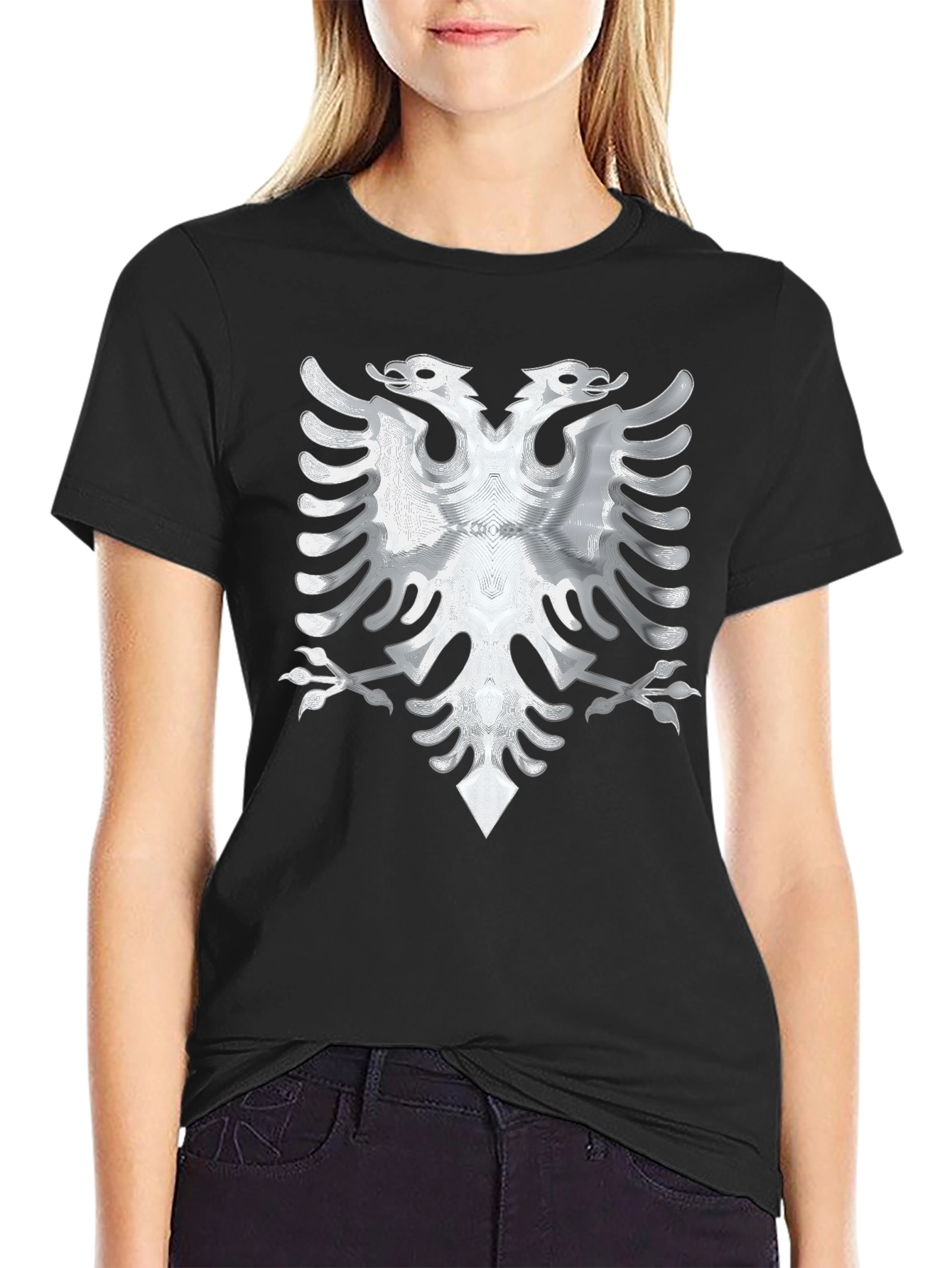 Black Tee with Silver Albanian Eagle Graphic