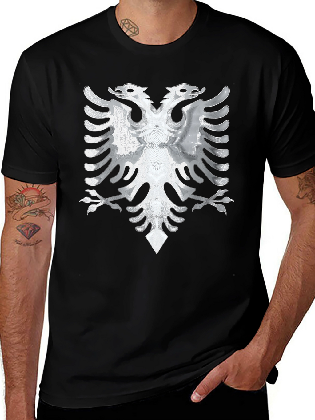 Black Tee with Silver Albanian Eagle Graphic