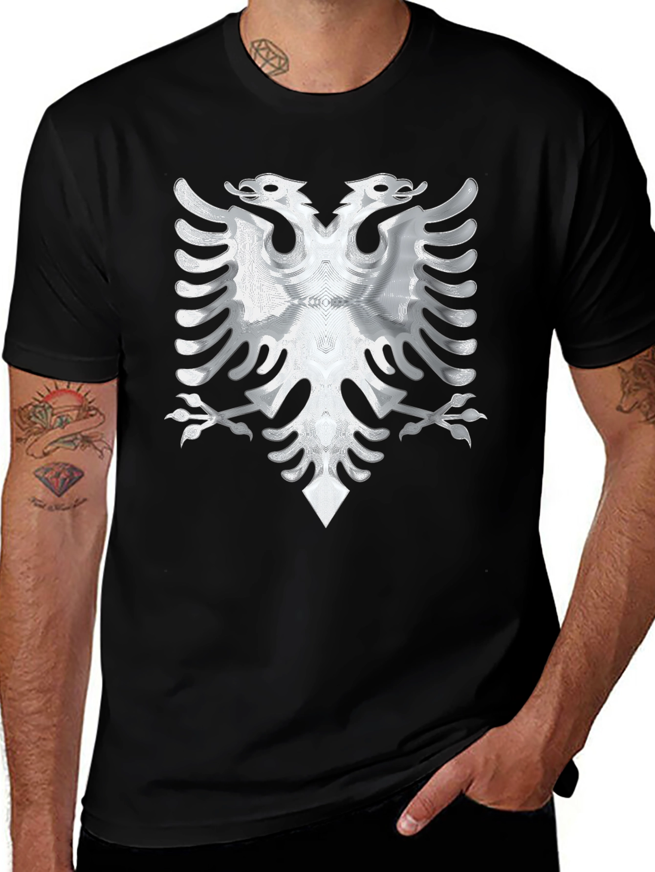 Black Tee with Silver Albanian Eagle Graphic