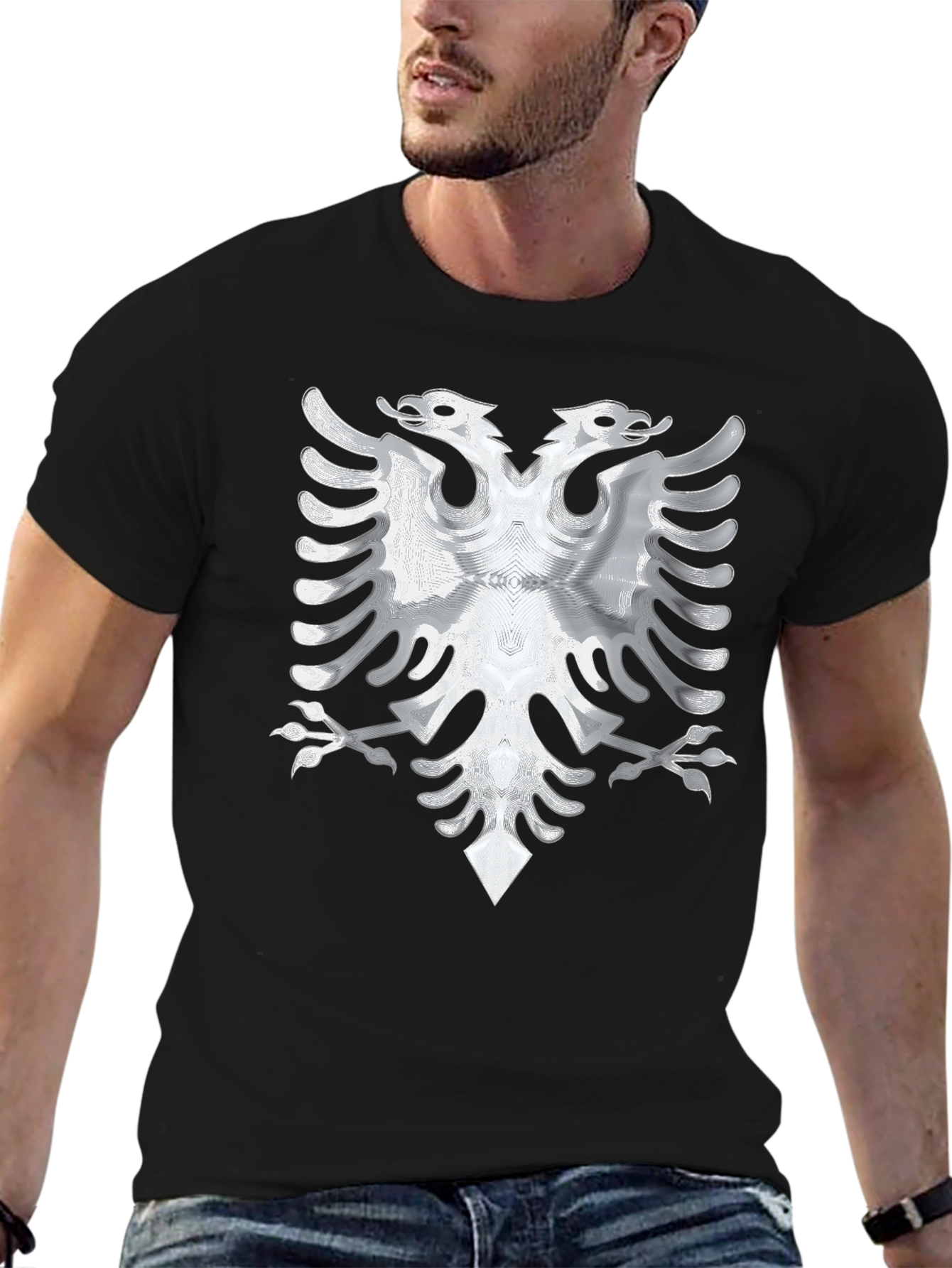 Black Tee with Silver Albanian Eagle Graphic