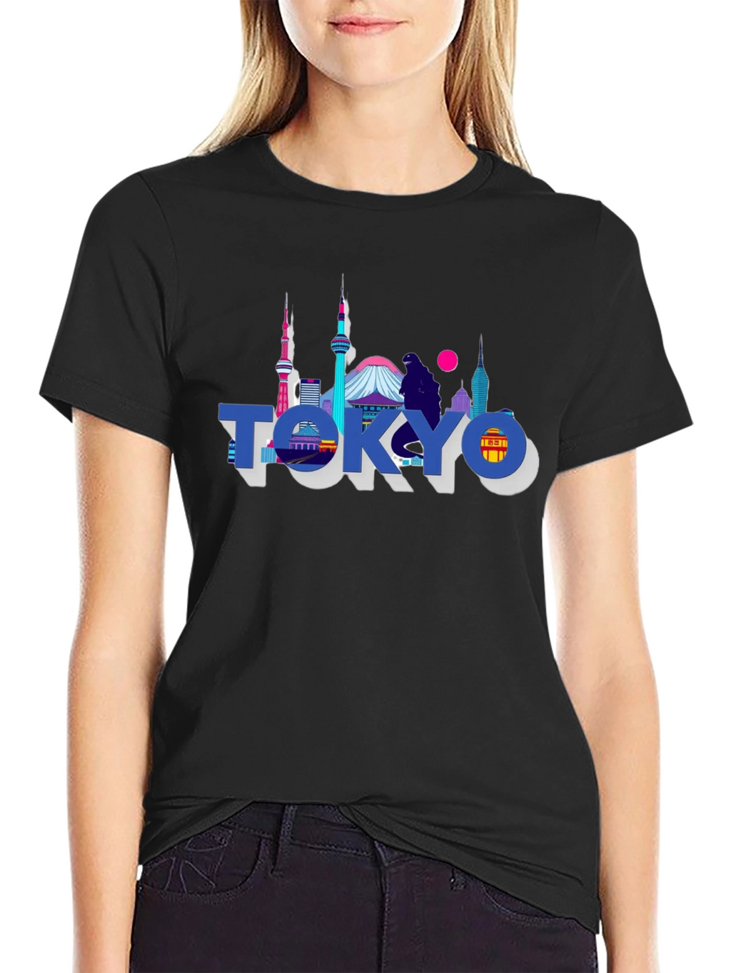 Tokyo Skyline Graphic Print Black T-Shirt