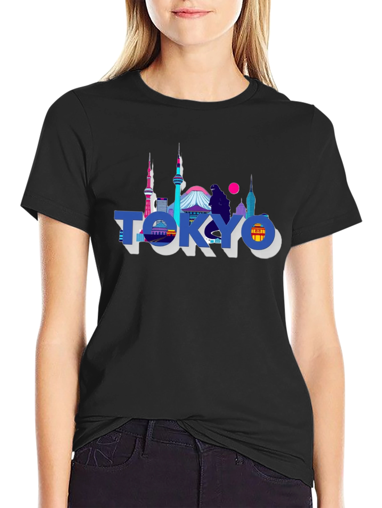 Tokyo Skyline Graphic Print Black T-Shirt