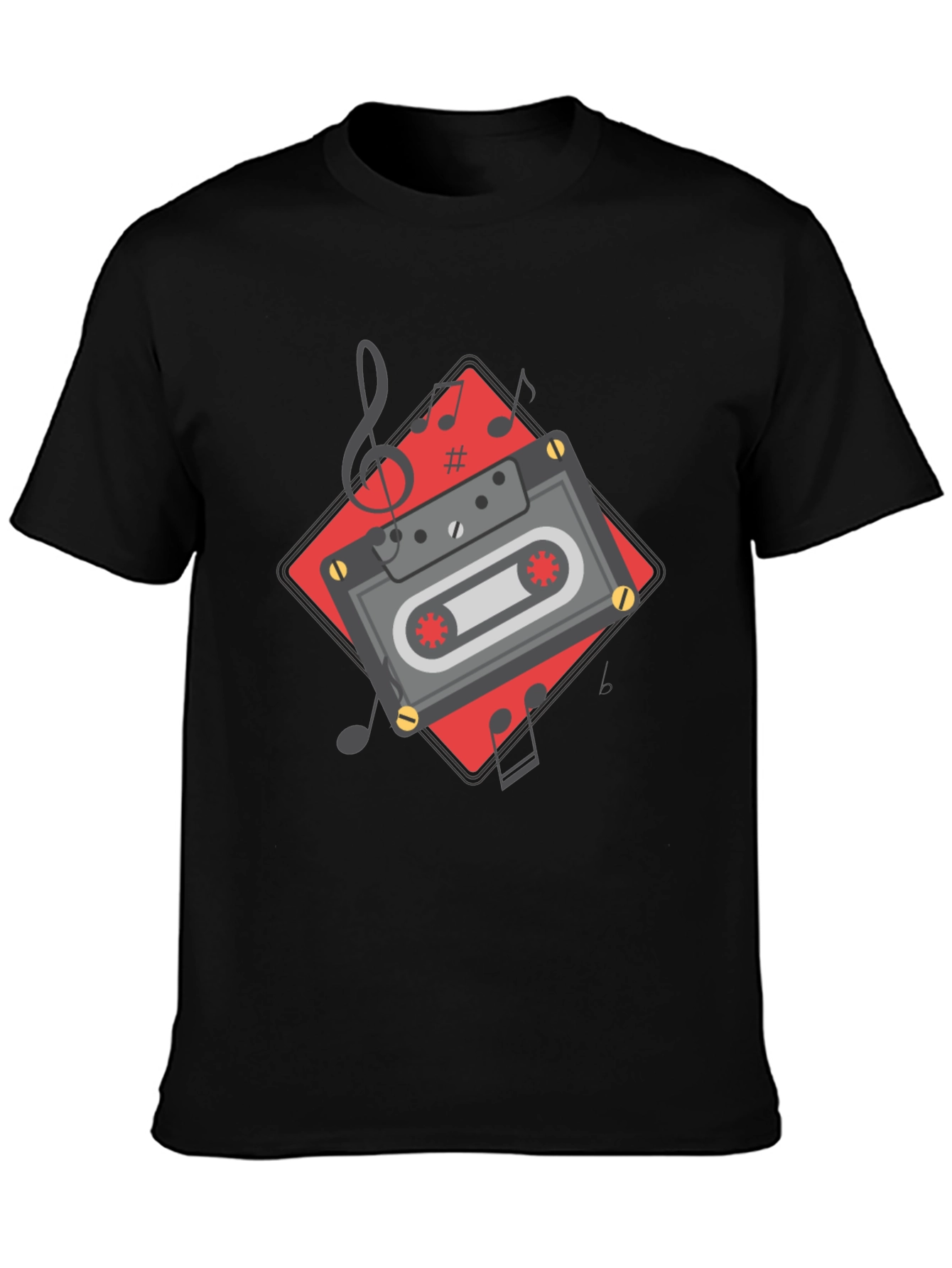 Retro Cassette Tape Music Notes Graphic Tee - Black
