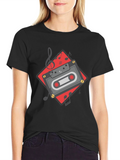 Retro Cassette Tape Music Notes Graphic Tee - Black