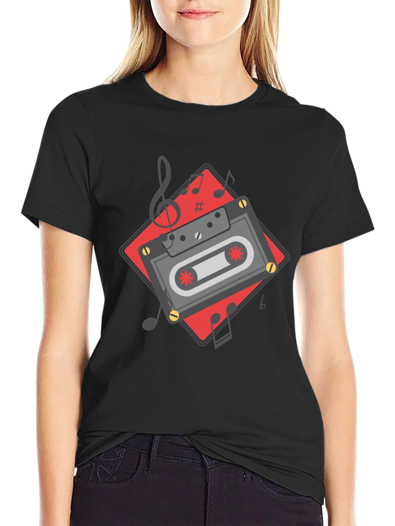 Retro Cassette Tape Music Notes Graphic Tee - Black