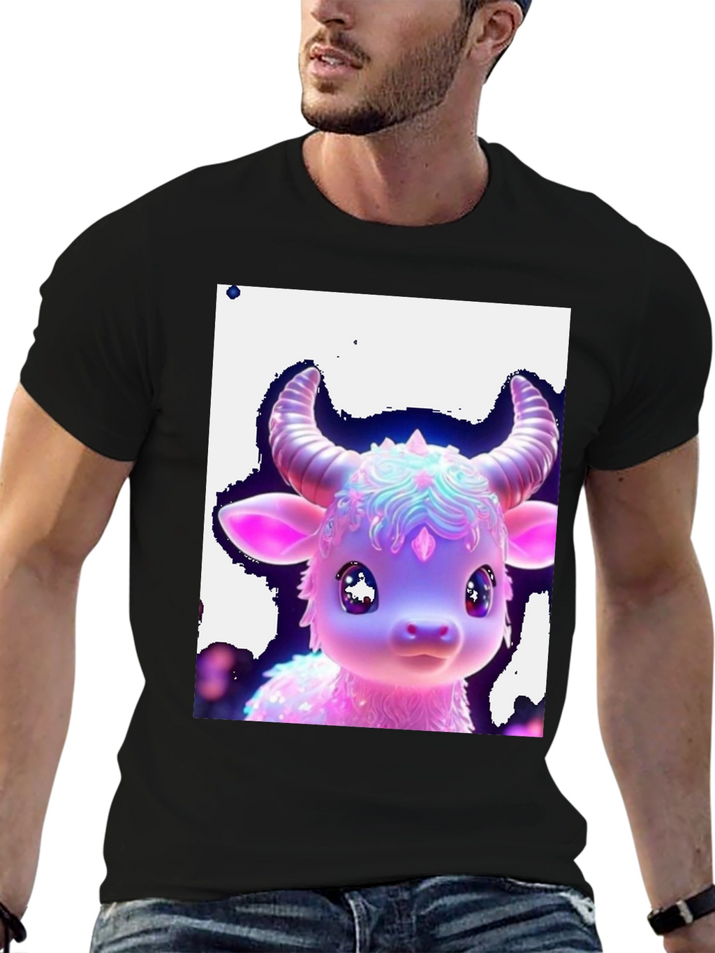 Cute Neon Cow Graphic Tee - Black Cotton Shirt