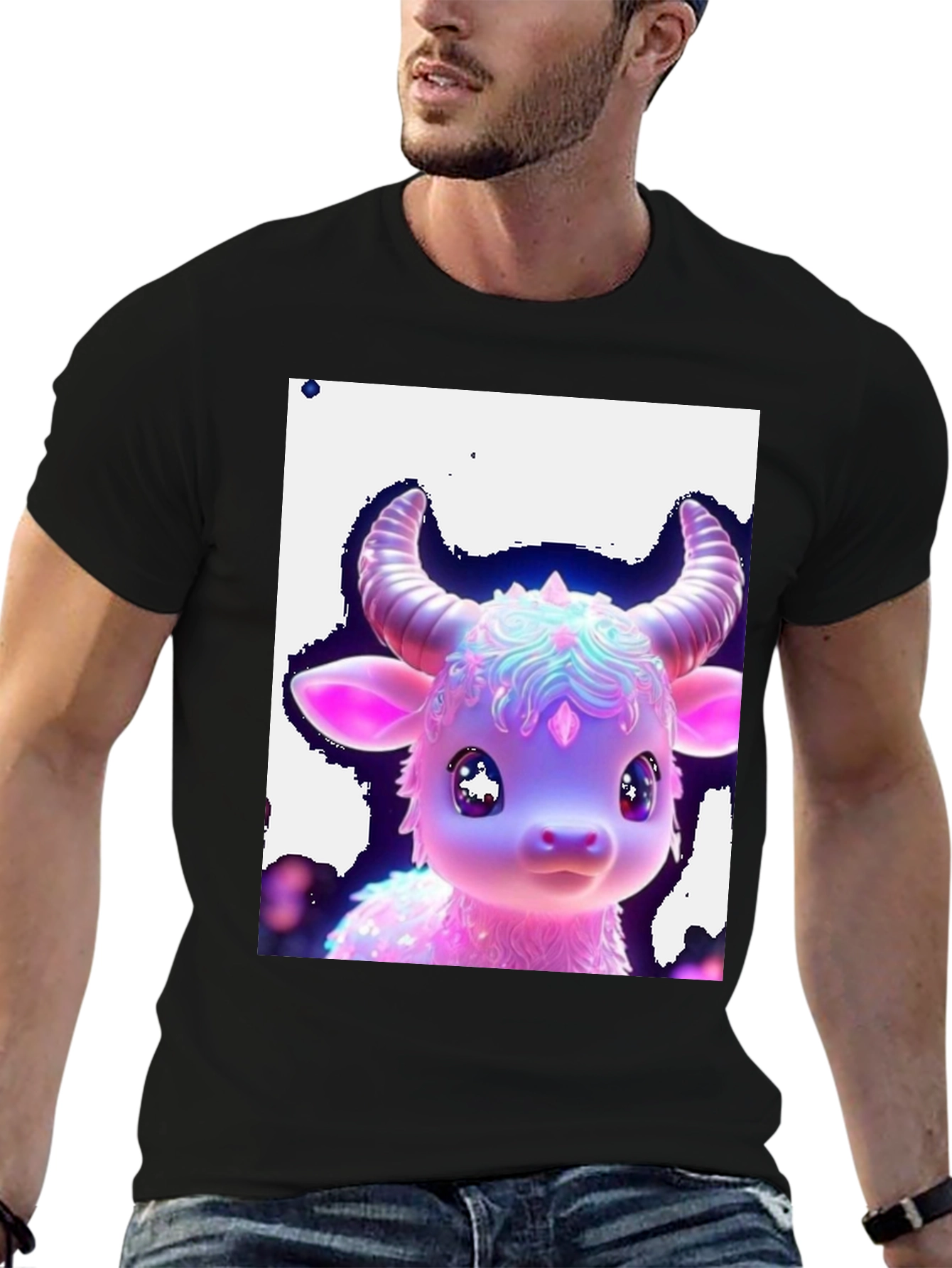 Cute Neon Cow Graphic Tee - Black Cotton Shirt