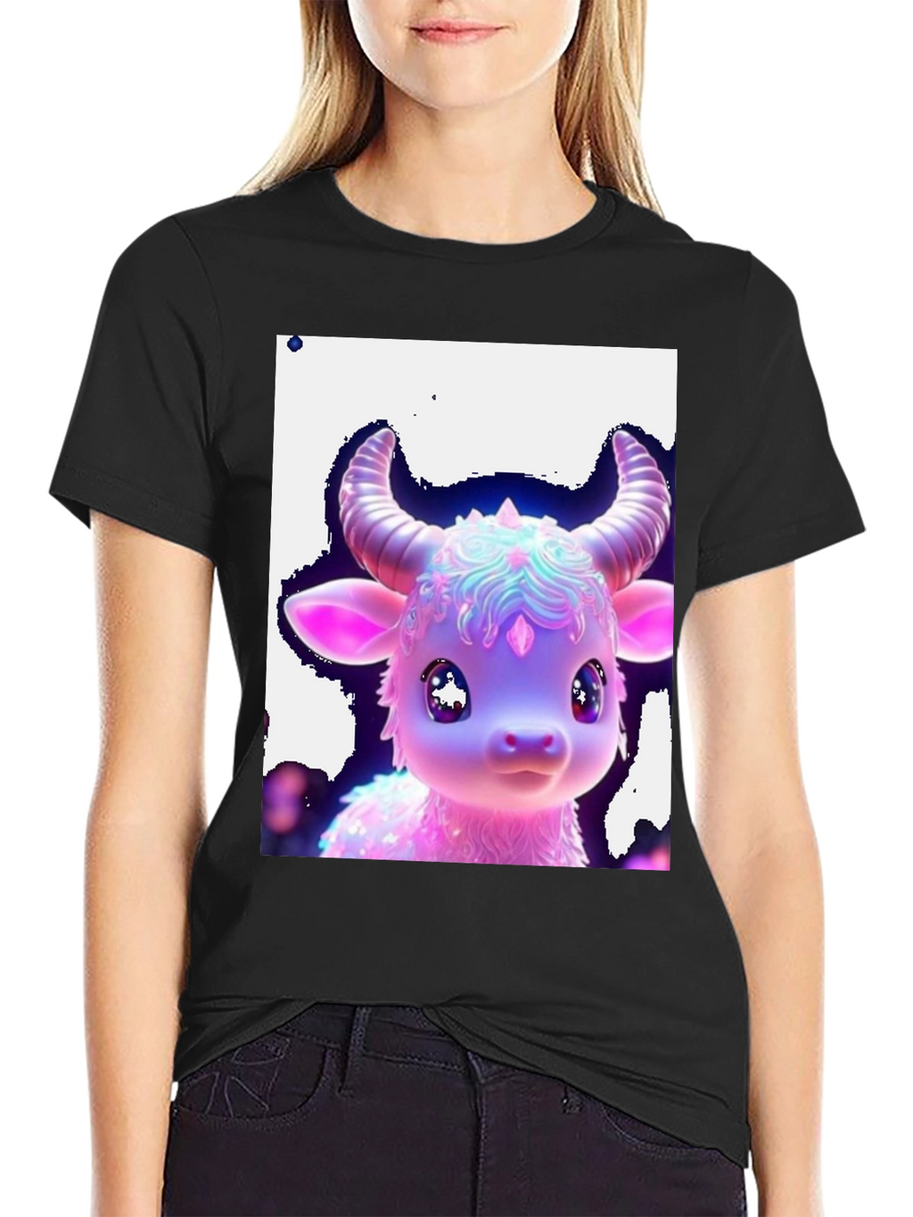 Cute Neon Cow Graphic Tee - Black Cotton Shirt