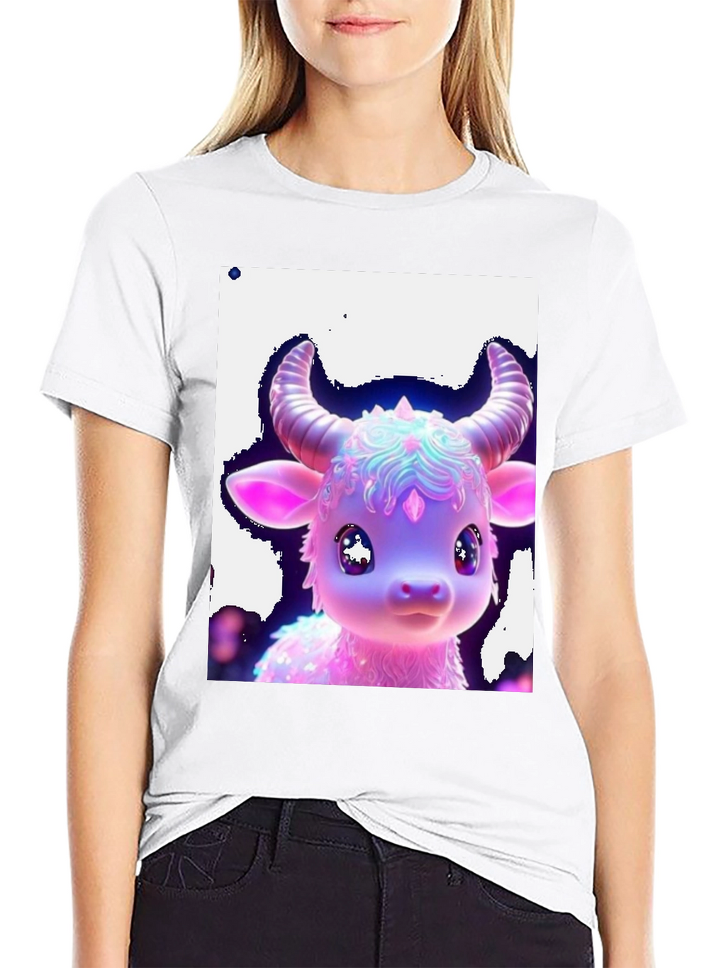 Cute Neon Cow Graphic Tee - Black Cotton Shirt