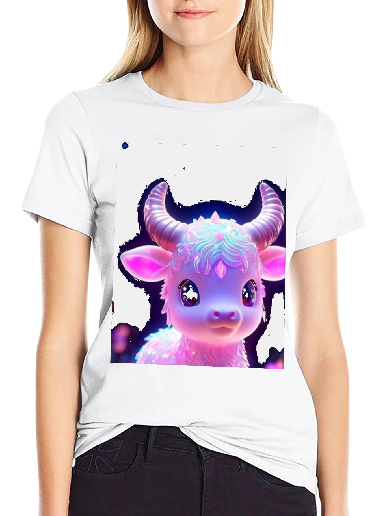 Cute Neon Cow Graphic Tee - Black Cotton Shirt