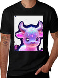 Cute Neon Cow Graphic Tee - Black Cotton Shirt