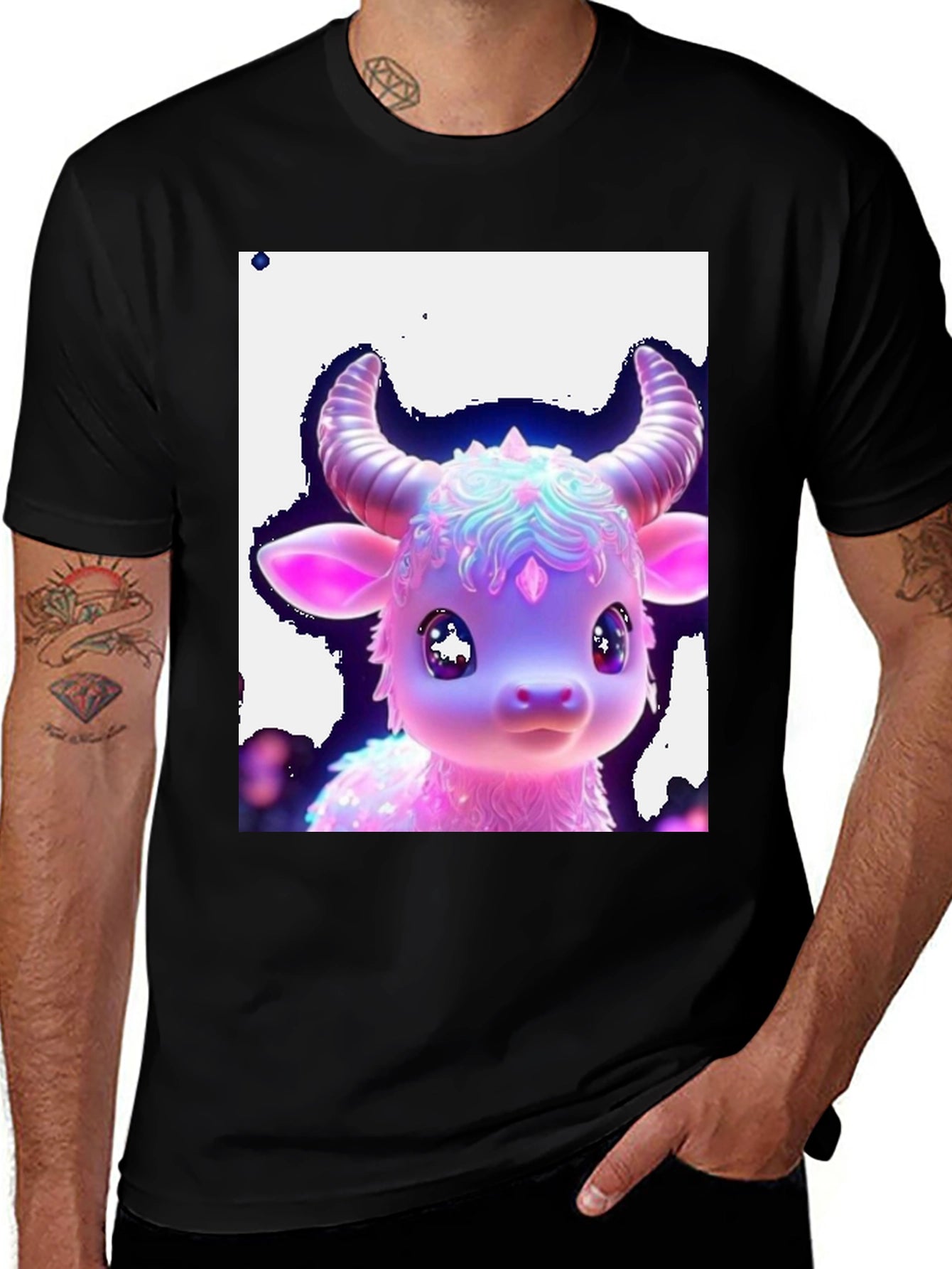 Cute Neon Cow Graphic Tee - Black Cotton Shirt