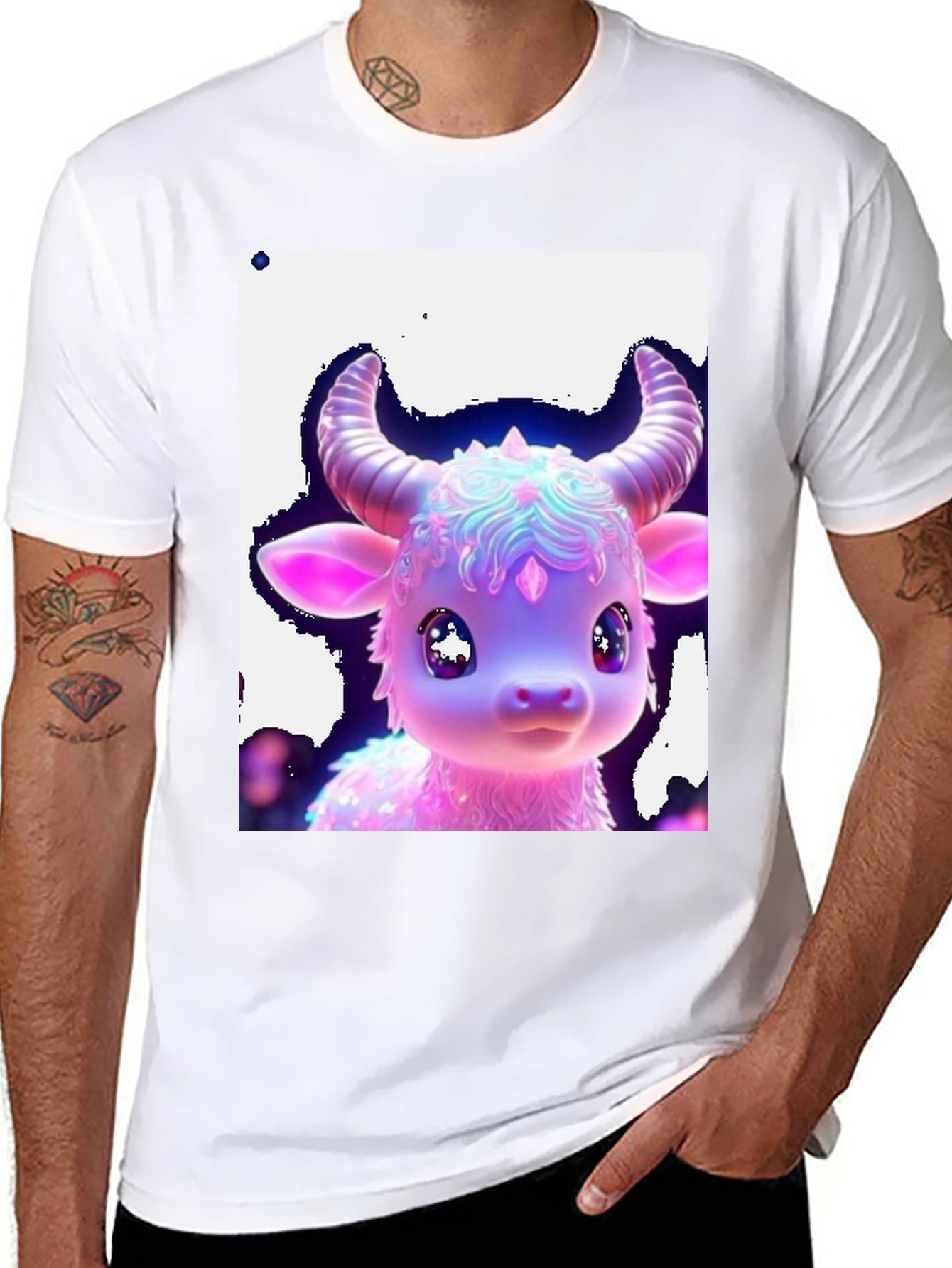 Cute Neon Cow Graphic Tee - Black Cotton Shirt